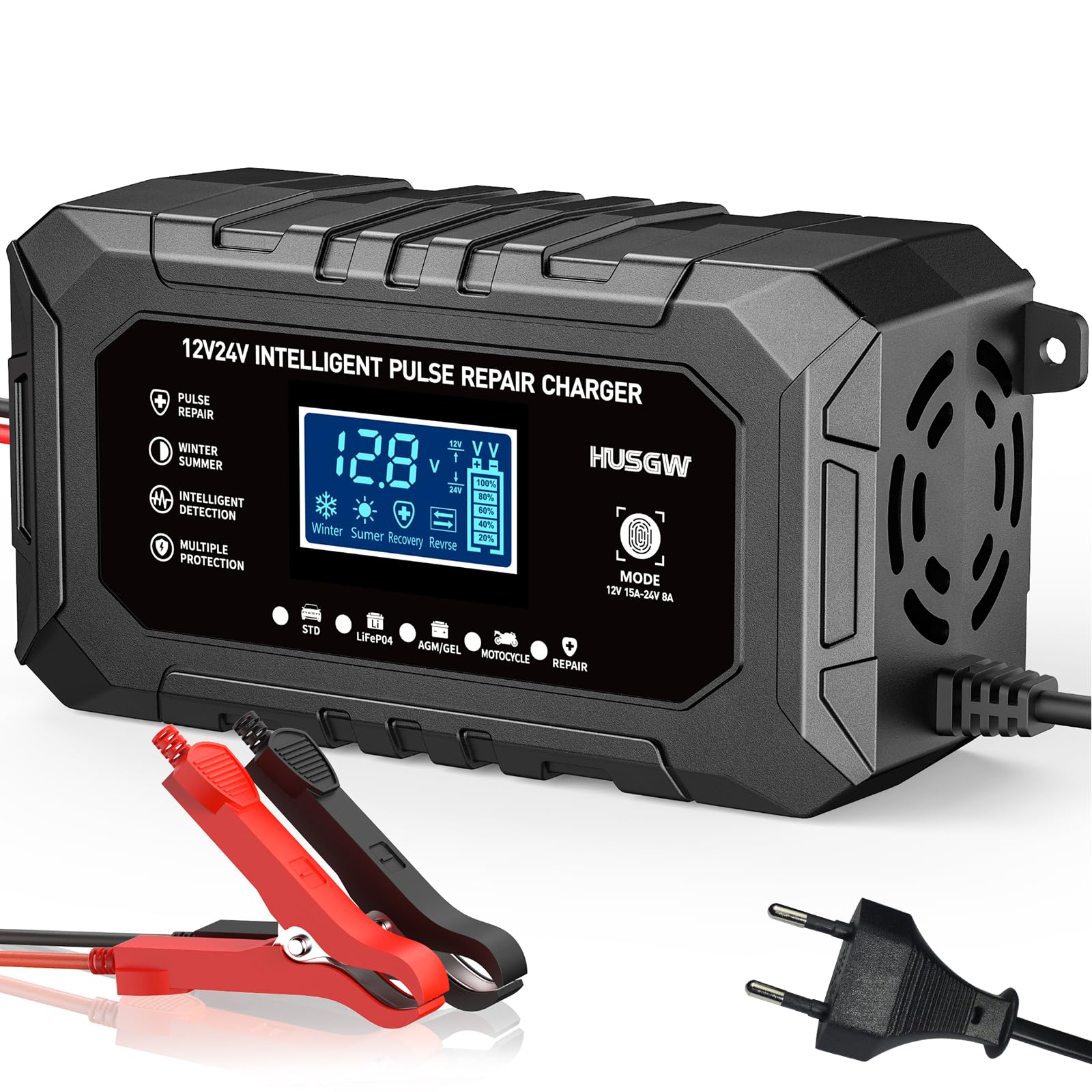 15 A Auto-Batterieladegerät,12 V/24 V,LiFePO4,tragbares Auto-Ladegerät,9 Kappen,intelligentes Akku-Ladegerät für Auto,LKW,Motorrad,Rasenmäher,12V 6A Autobatterie Ladegerät für Start-Stopp (Schwarz 15)