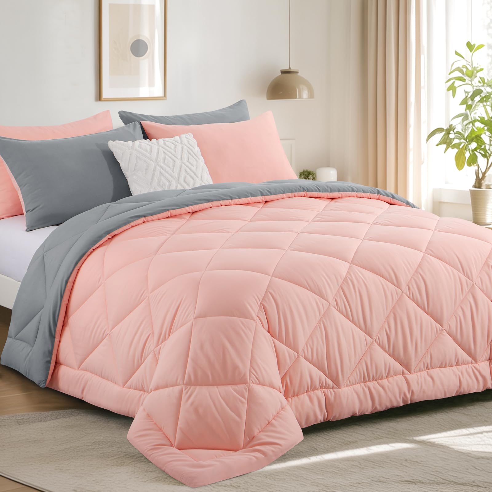 RUIKASI Coverless Duvet Double 10.5 Tog - Reversible Comforter with 2 Pillowcases, 200x200cm Quilt Lightweight and Warm All Season, Pink and Grey — image 1