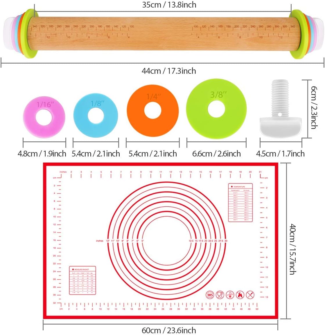 Rolling Pin Adjustable Roller Pin with Silicone Baking Mat, 4 Removable Thickness Rings for Baking Dough, Pizza, Pie, Pastries, Pasta and Cookies, Wood