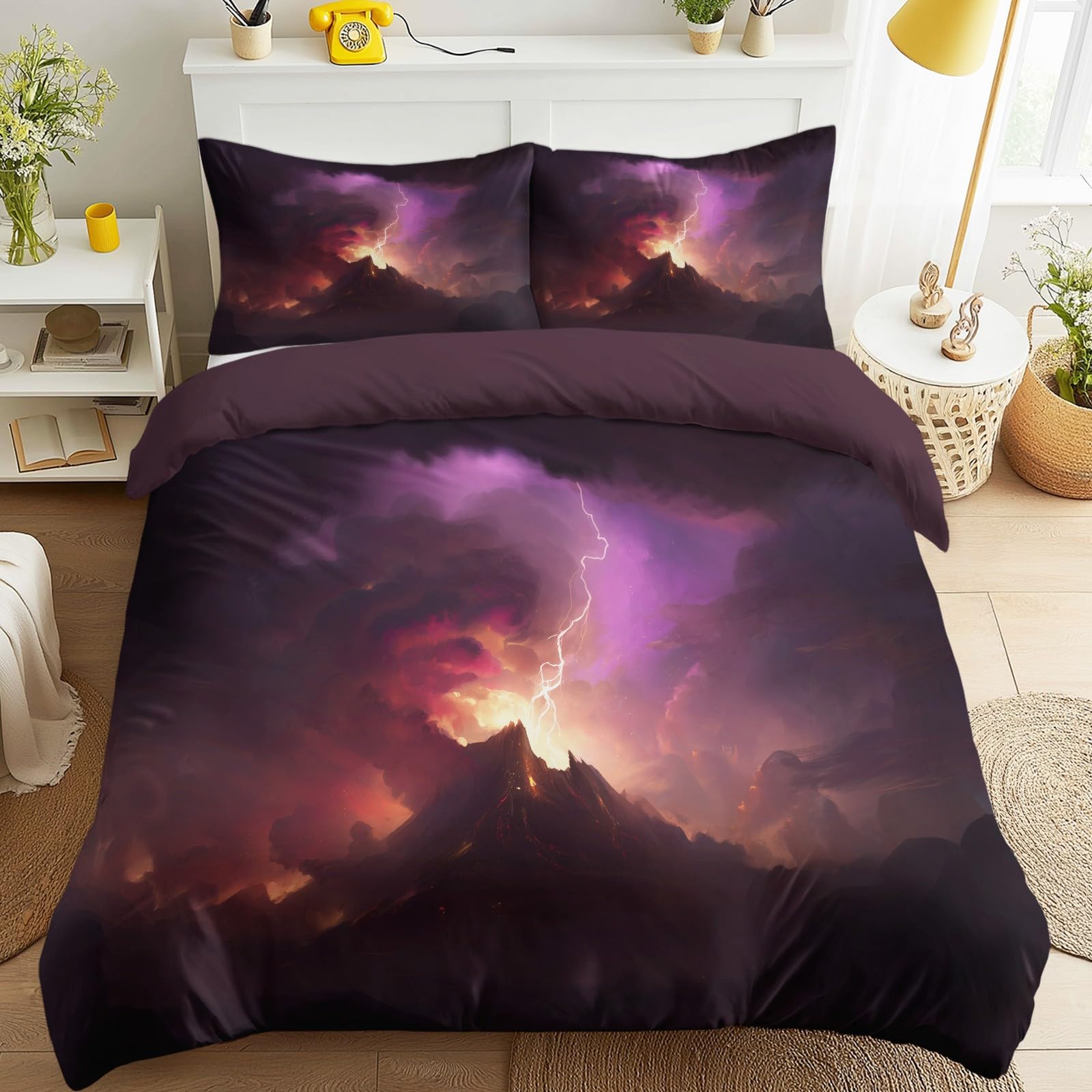 Set copripiumino ultra morbido, antipiega e facile da pulire, 200 x 200 cm, 3 pezzi, con federa, dramatic disaster, vulcano, fumo, fulmini, lava, paesaggio scuro