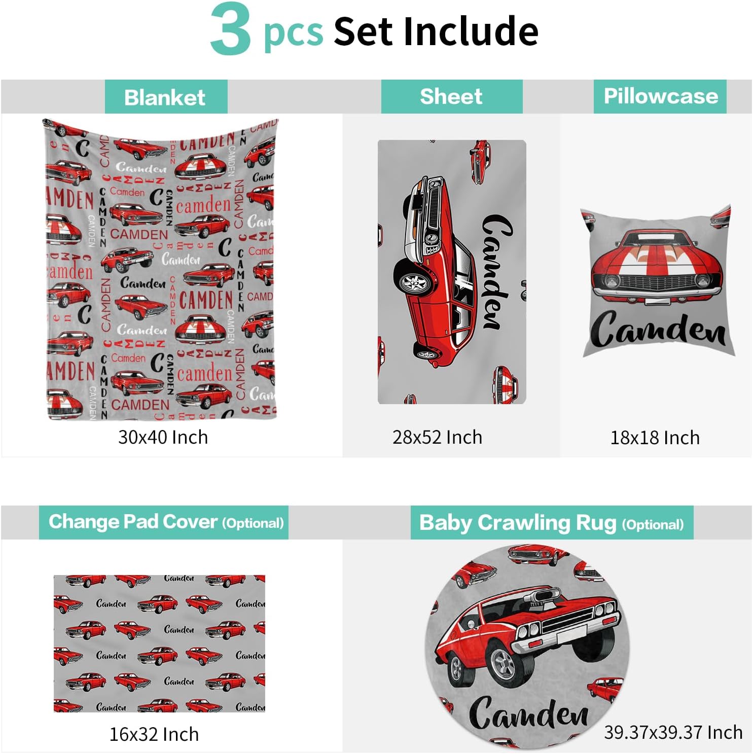 Custom Baby Crib Bedding Set 3 Piece - Personalized Name with Vehicles Design - Soft Chic Blanket, Crib Sheet, Pillowcase for Newborns Boys Girls Nursery Gifts Color02-Cars