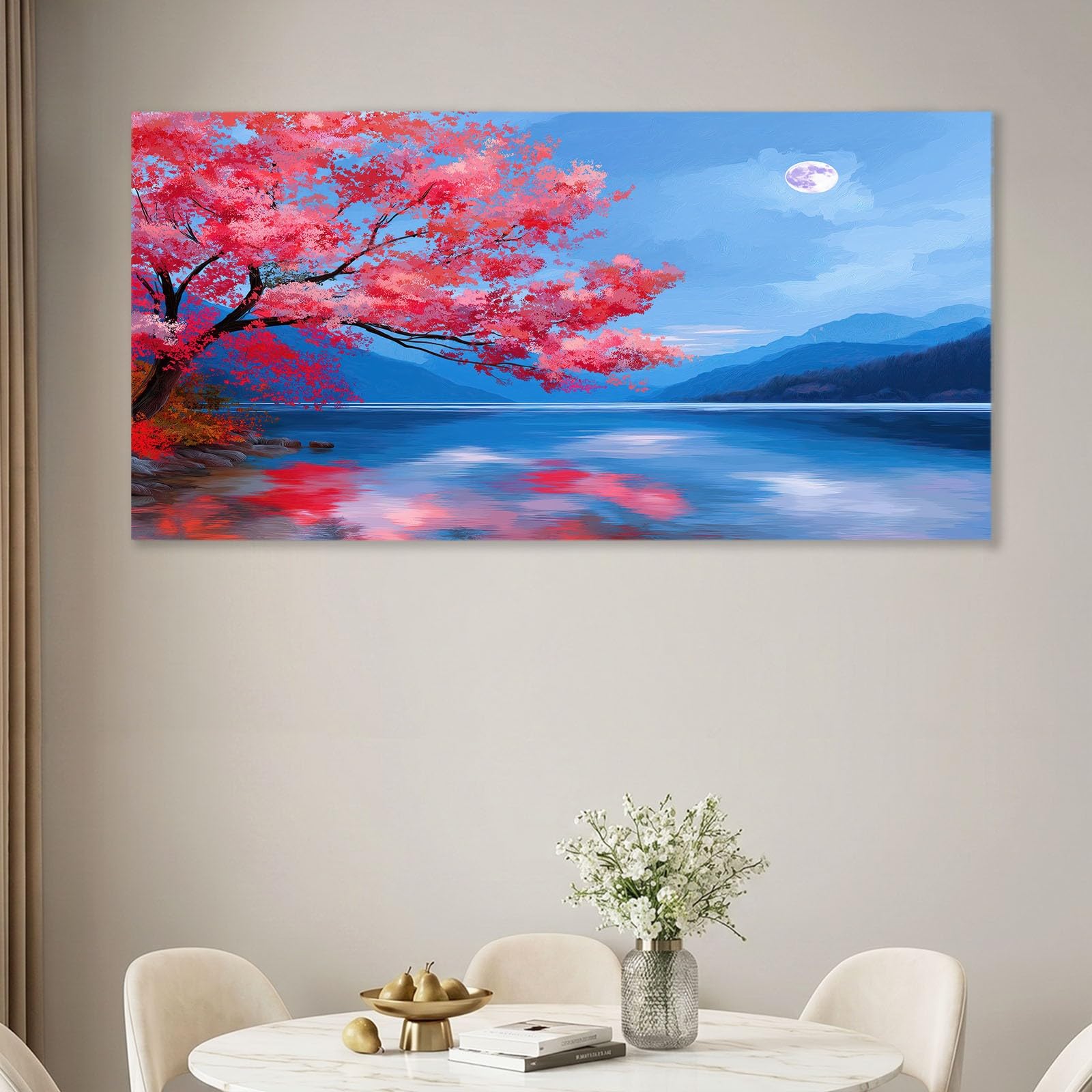 Obraz na płótnie w stylu anime 140 x 70 cm niebieskie drzewo kwiat jezioro krajobraz - obraz na płótnie na drewnianej ramie i dekoracja do salonu i sypialni
