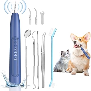 Ultrasonic Dog Teeth Cleaner, 3 Modes Sonic Tooth Cleaner for Dogs, Low Noise Sonic Dog Plaque and Tartar Remover with LED Light, 2 Cleaning Head, Toothbrush, Dental Mirror Probe Tweezer and Scraper