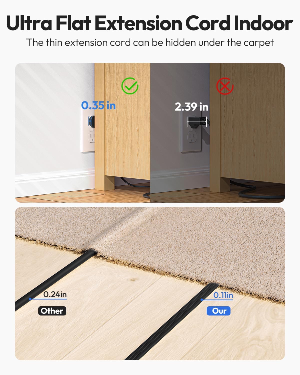 NTONPOWER Flat Extension Cord 25 FT in Black with 8 Widely Outlets 3 USB Ports (1 USB C), 1080J Long Surge Protector Power Strip, Wall Mountable, Flat Plug Desk Charging Station Dorm Room Essentials