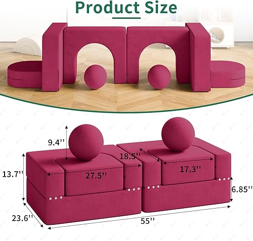 Miniatura 2 de linor Sofá infantil de 8 piezas, sofá modular para niños con 2 bolas, juego de sofá de espuma 8 en 1 para niños (rojo rosa)