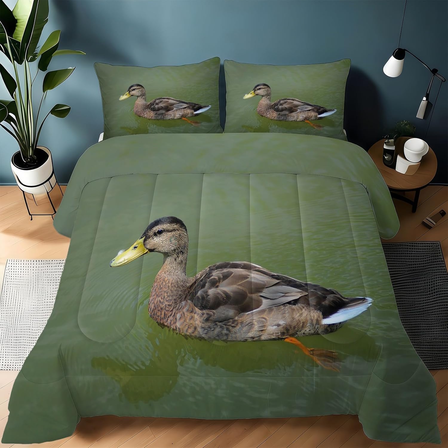 Duck King Size Comforter Set, Green Comforter King Size Luxury Soft Microfiber Fluffy Printing Duvet Insert, Quilt with 2 Pillowcases for Kids and Adults YUb2891