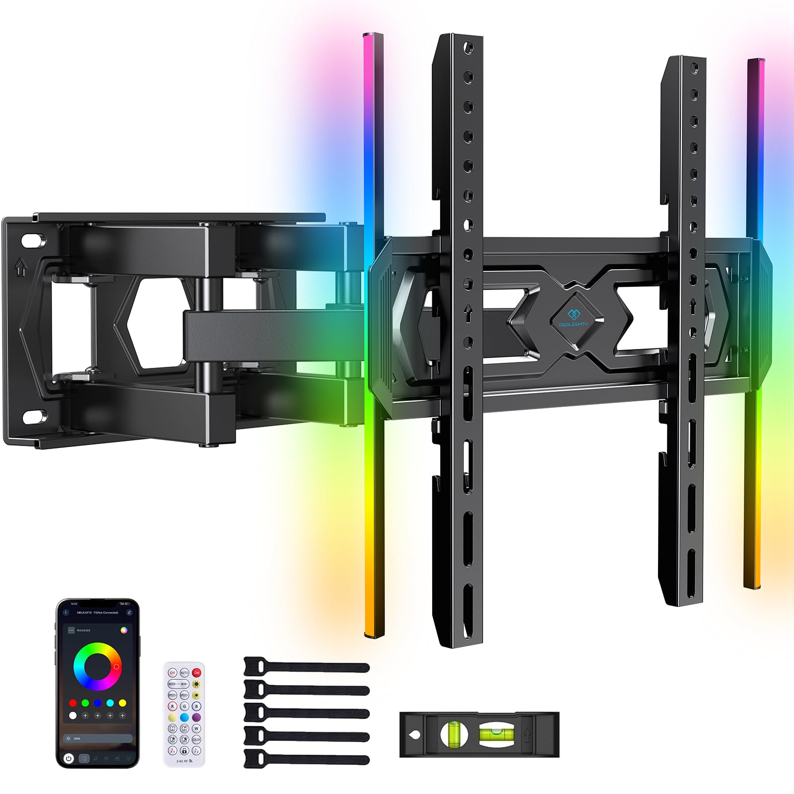 PERLESMITH TV Wall Bracket with LED Lights for 26-70" TVs up to 45kg, Full Motion Dual Arm TV Wall Mount with Swivel Tilt Extend, TV Backlights with Music Sync, Max VESA 400x400mm — view 8