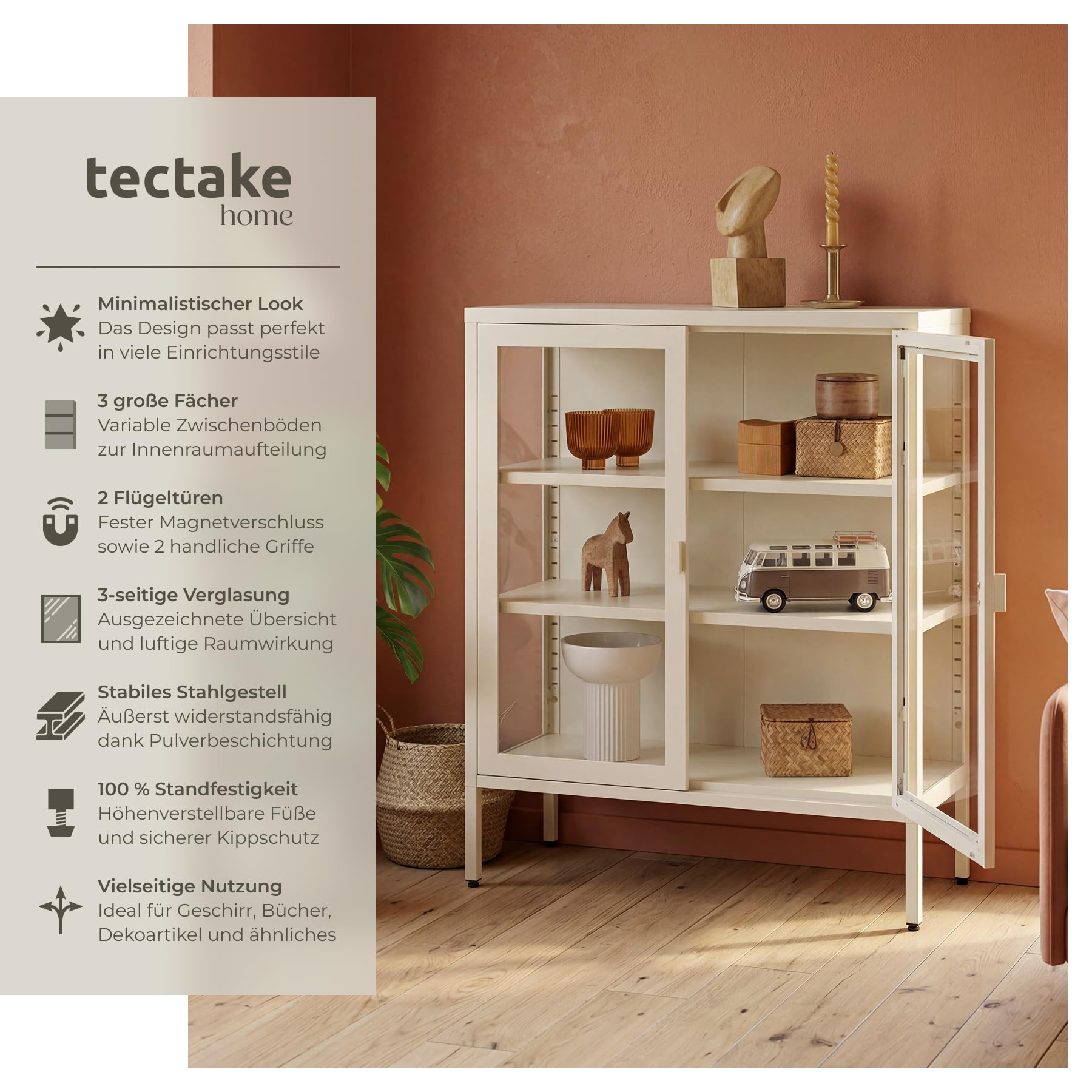 tectake® Metallvitrine 80x37x90,5 cm, Magnetverschluss, verstellbare Zwischenböden, Kippschutz, verglaste Front, Metall-Ausstellungsvitrine, Metall-Glasvitrine, Metallschrank, Displayvitrine - Creme