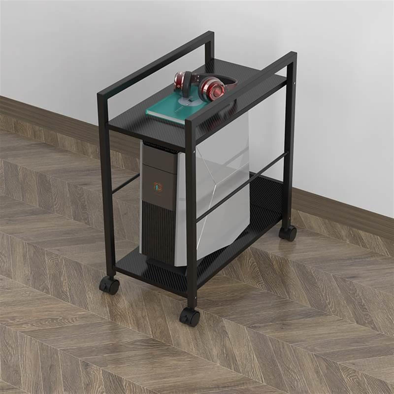 Podstawka pod CPU Dwupoziomowa stojak na komputer PC z blokowanymi kółkami, stojak na mobilny procesor z miejscem do przechowywania, stabilna metalowa rama, uchwyt na walizkę na komputer PC do domoweg