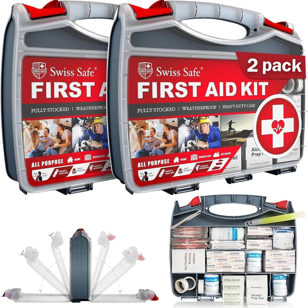Swiss Safe Kit di pronto soccorso 2 in 1 per auto, viaggi, casa e lavoro, include mini kit per emergenze mediche, campeggio e sopravvivenza all'aperto, 348 pezzi, custodia rigida grande, confezione da