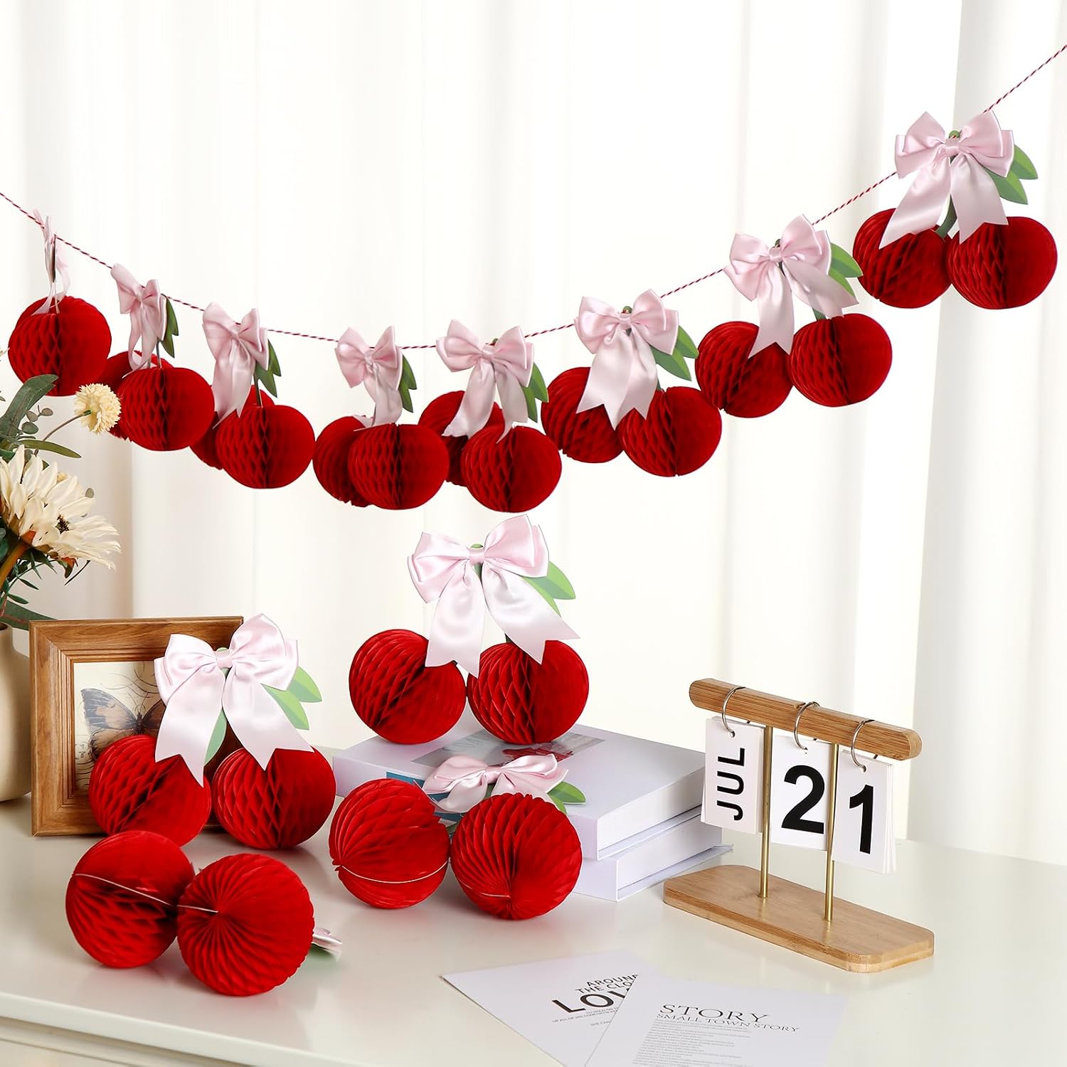 12 Pcs Cherry Birthday Decorations Honeycomb DIY Garland Decor 5.91" Red Paper Cherry Hanging Decorations for Birthday Party Baby Shower Wedding Fruit Themed Party(Pink Bow)