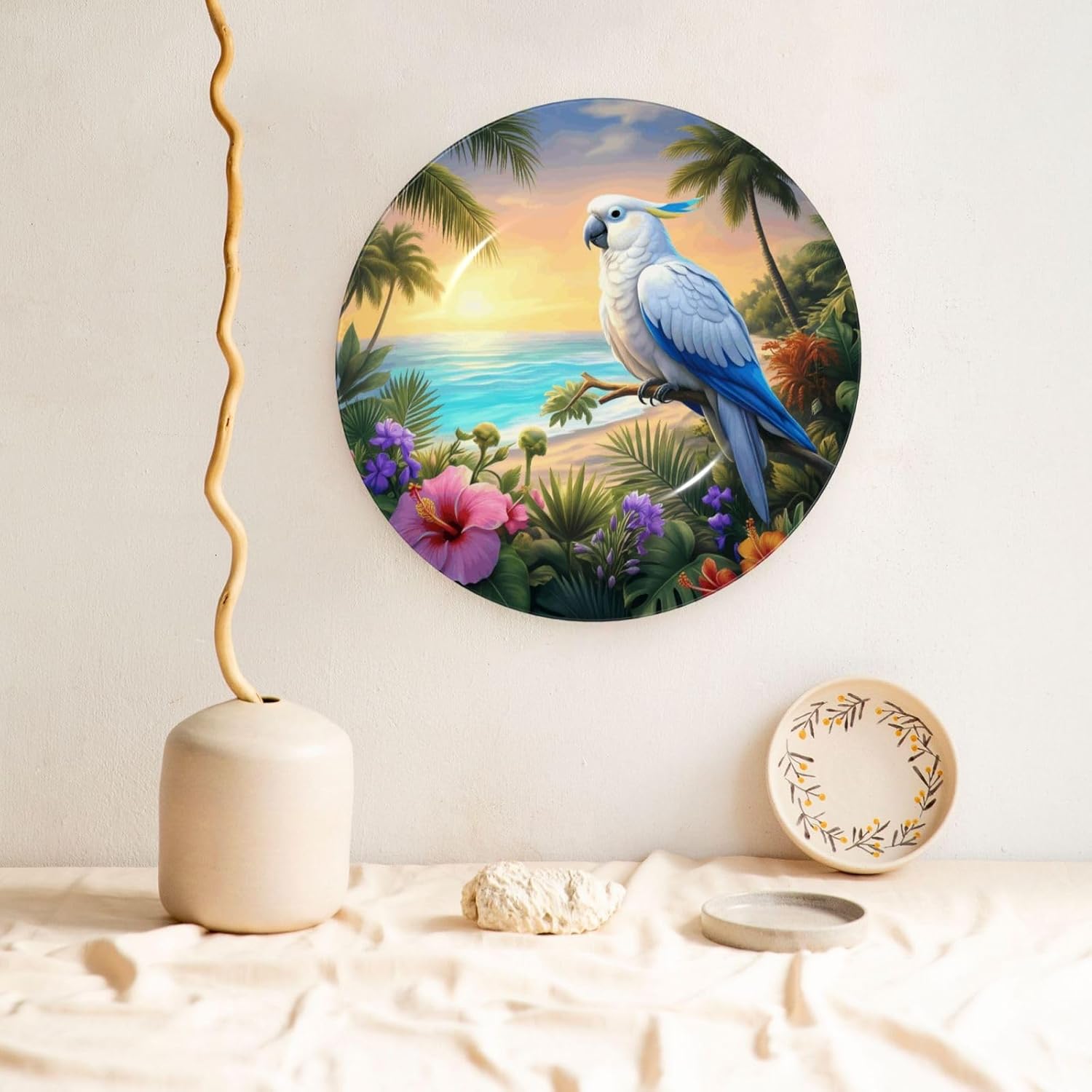 Tropical Parrot Paradise Style Ceramic Plate Display Decorative Plate With Stand Wall Hanging Plate For Home Decor 10 Inch