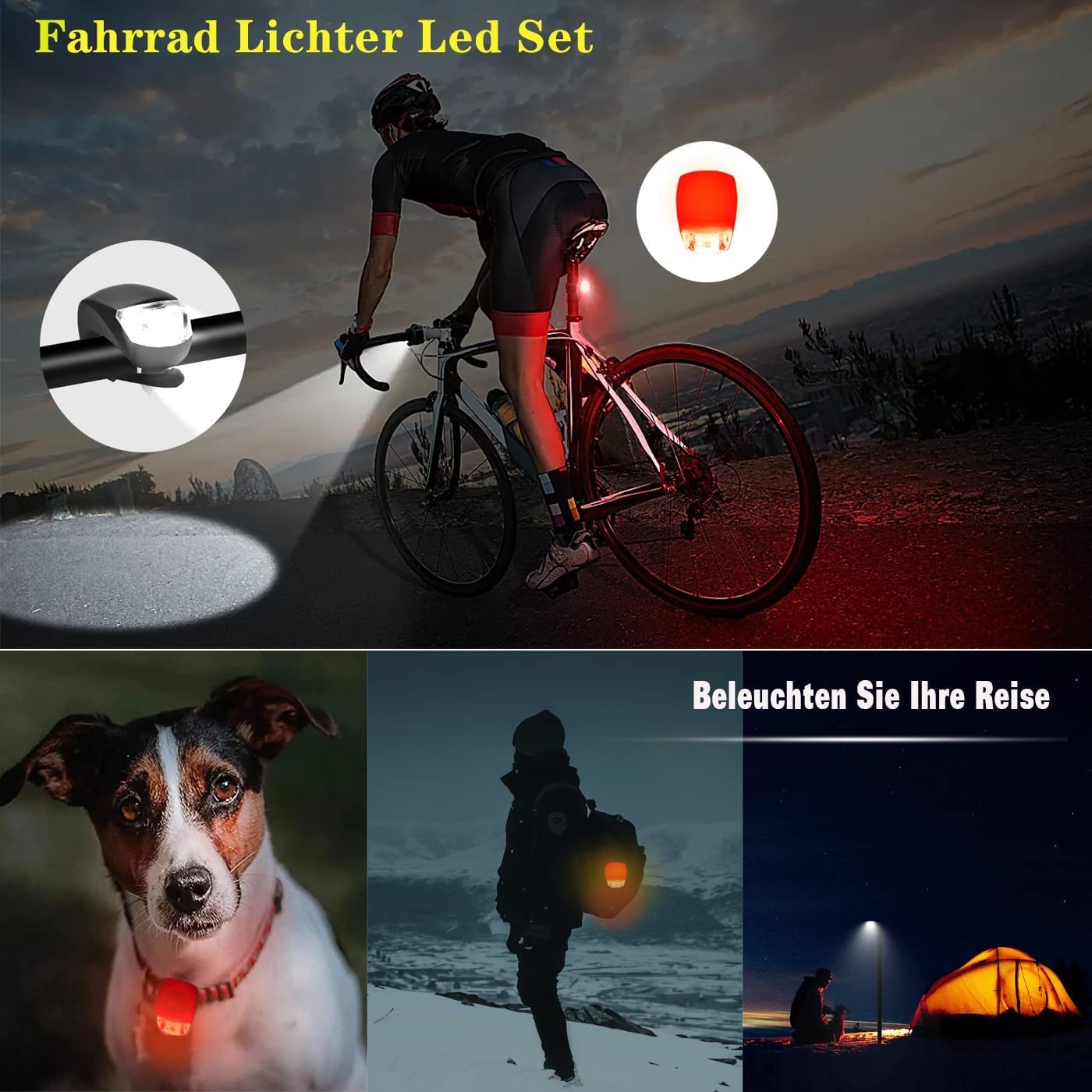 Yarrie LED Licht Set – 2er Set, Wiederaufladbar, Wasserdicht, Weiß & Rot, Für Rucksack, Kinderwagen & Outdoor