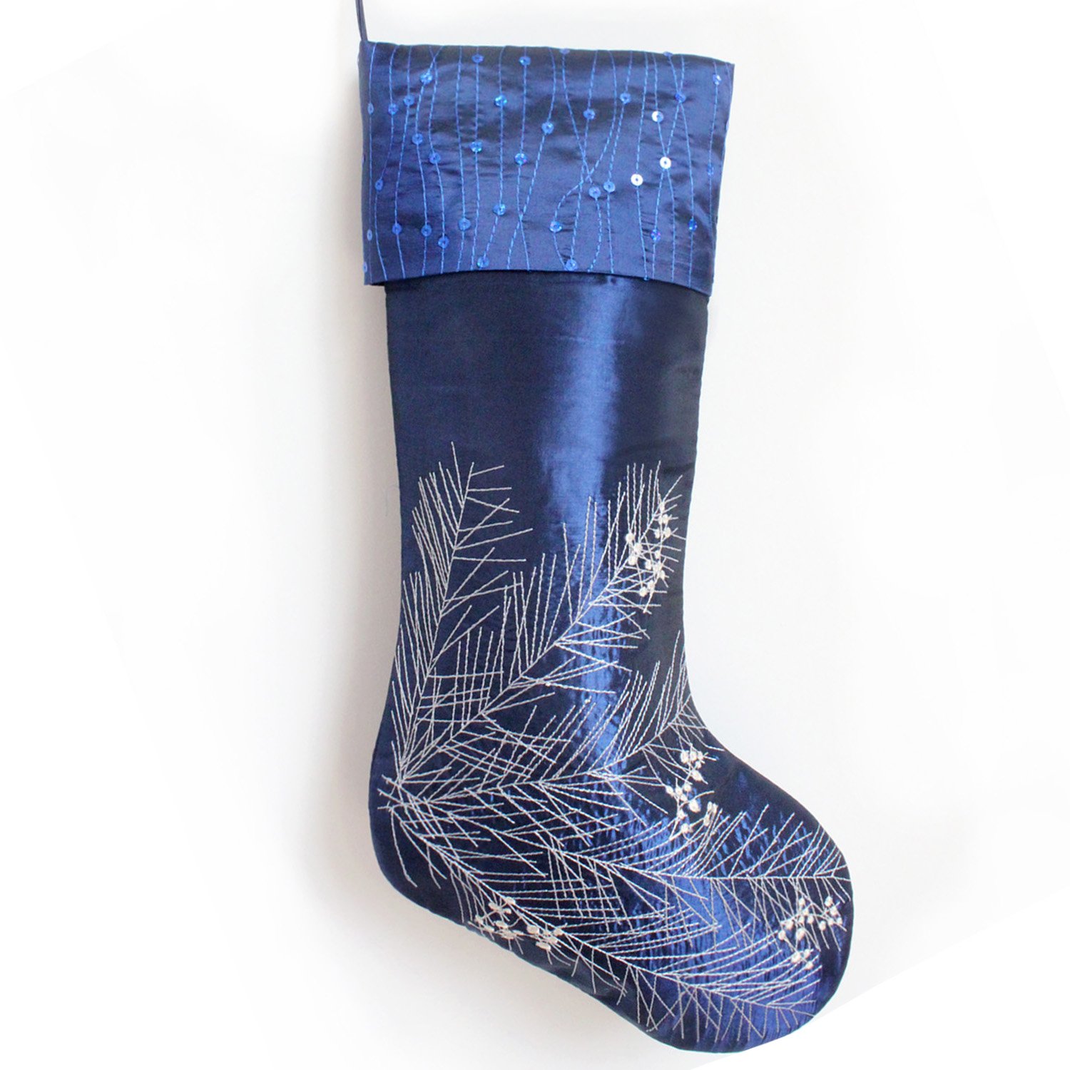 Gireshome Blue Faux Silk White Cherry Embroidered Body,Glitter Blingbling Sparkle Sequin Cuff Christams Stocking,Holiday Party Decoration-10inch x 18inch