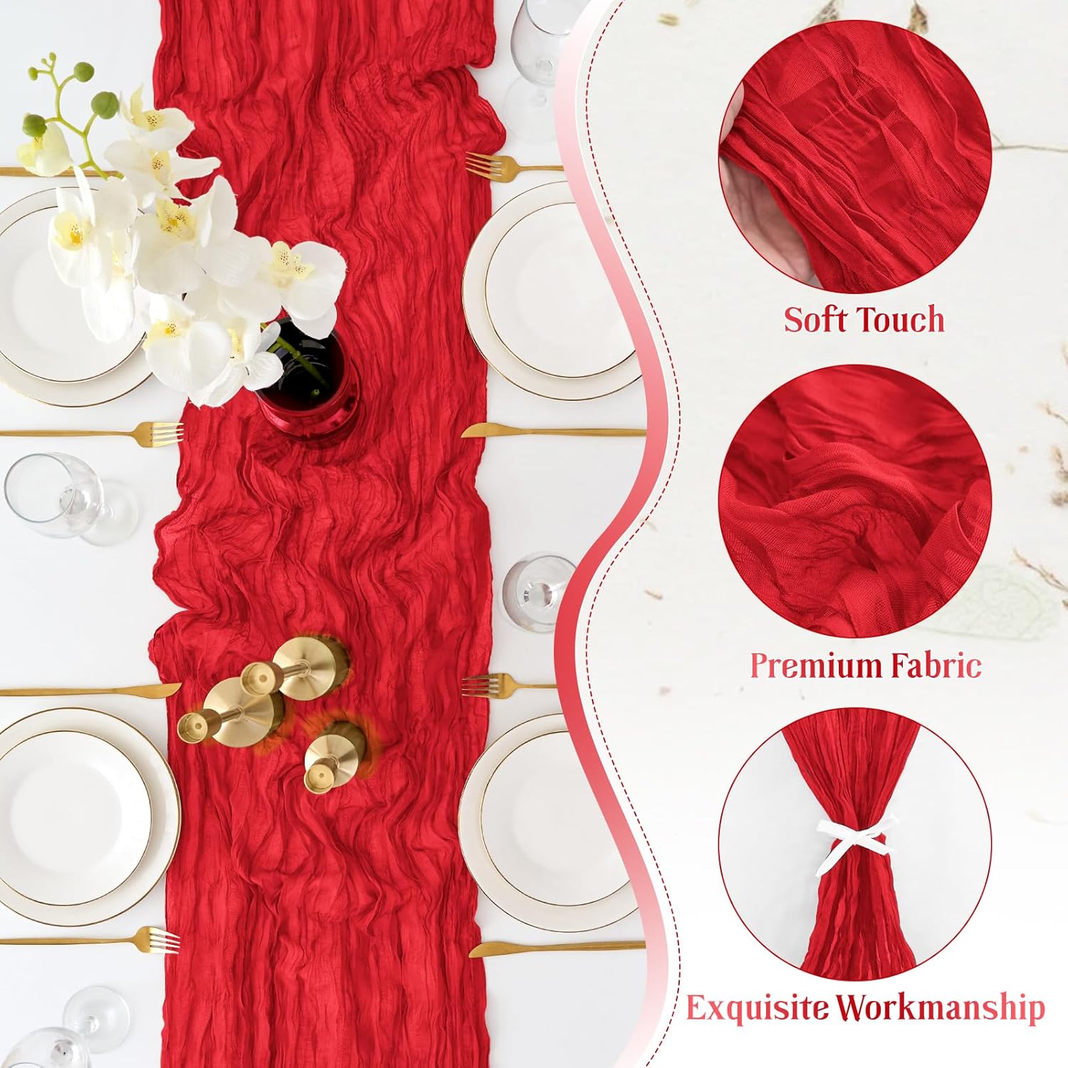 12 Pack Red Christmas Table Runner 10FT Boho Rustic Gauze Cheesecloth 120 inch Red Cheese Cloth Runner for Wedding Bridal Baby Shower Party Home Decoration