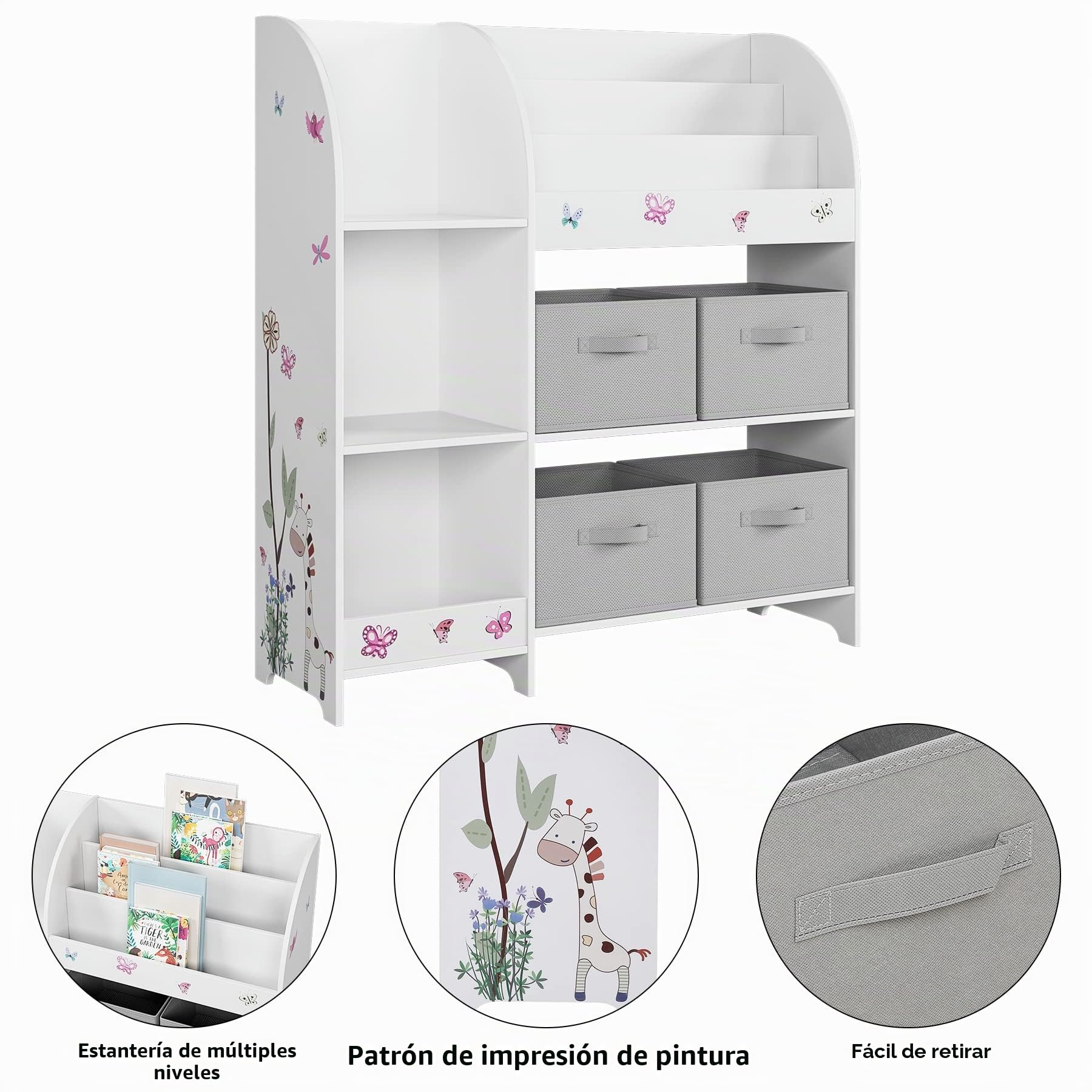 HOCSOK Estantería para Juguetes, Estanterias Almacenaje de Juguetes con 4 Cajones de Tela Extraíbles, Organizador de Juguetes y Libros para Niños, Blanco 92.2 x 100.2 x 30
