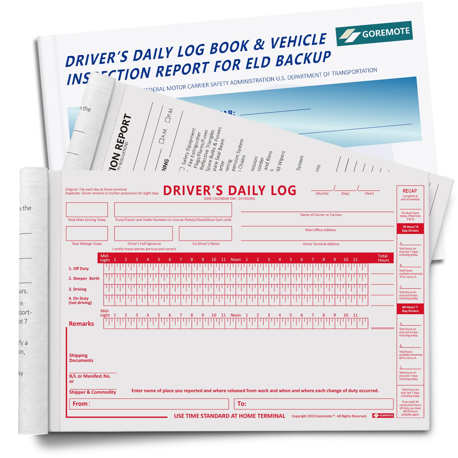 ELD Backup Driver Daily Log Book with Daily Recap & Detailed Drivers Vehicle Inspection Report(2 in 1), 2-Ply Carbonless, 16 Sets of Forms per Log