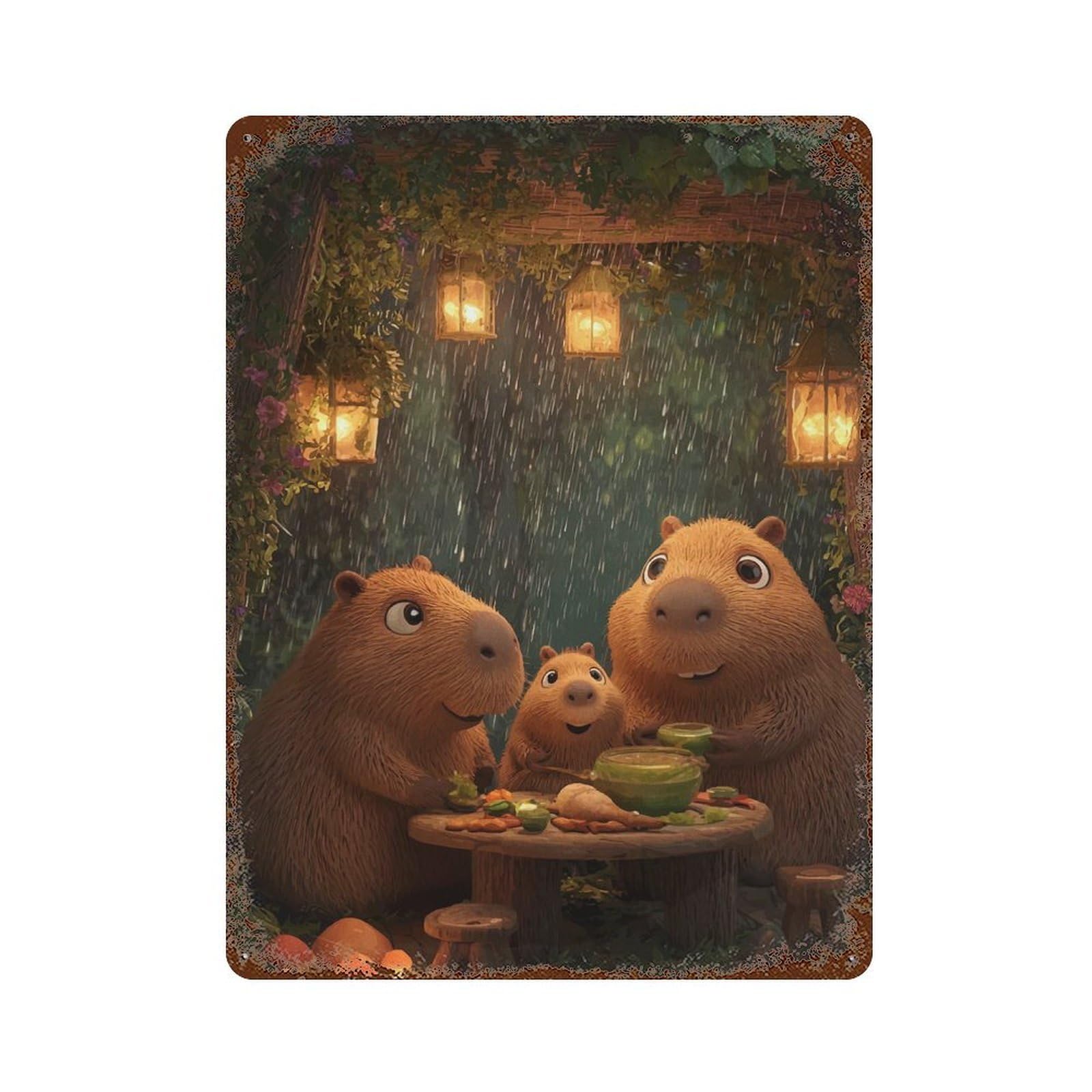 Capybara Family Dinner in The Rain Vintage Rust Metal Sign 15.7"x11.8", for Basement, Hobby Room And Garage Decor, Farmhouse Wall Decor
