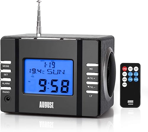 August MB300 Mini sistema estéreo MP3 de madera y radio reloj FM, con lector de tarjetas, puerto USB y conector AUX (0.138in de audio in), 2