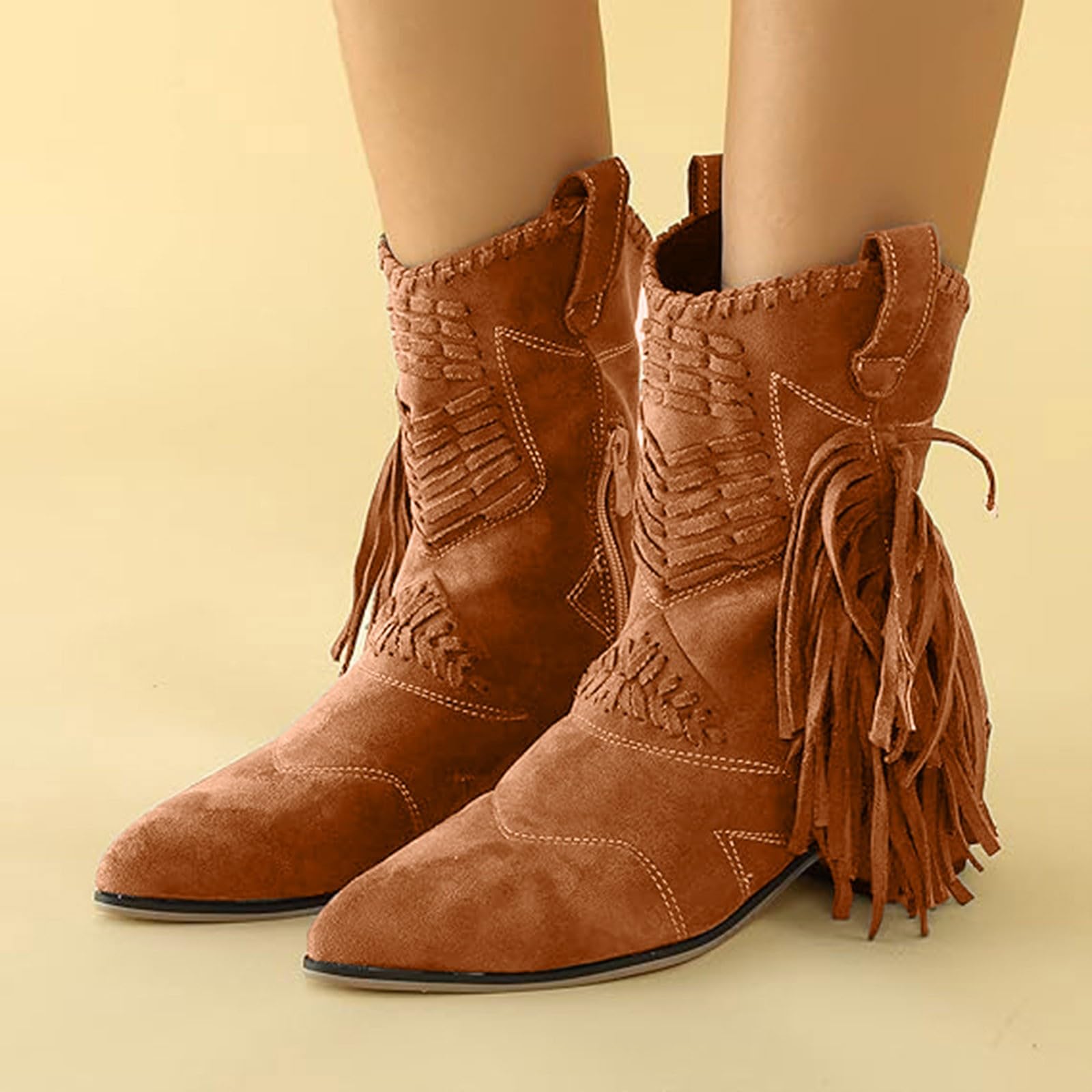 Stivali da cowboy da donna con nappe, classici stivali medi, stile vintage, con frange, da cowboy