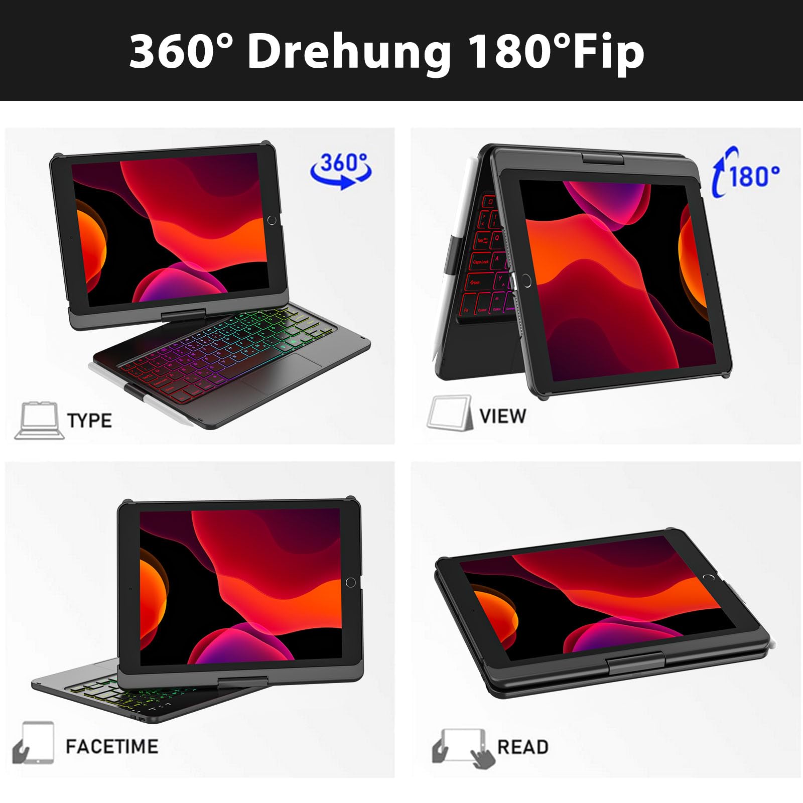 Tastatur Hülle für iPad 10.2 Zoll,für iPad 9/8/7 Generation Hülle,360° Touchpad Flip Hartschale Slim Cover,Kabellose Bluetooth Tastaturhülle,7 Hintergrundbeleuchtungen, Auto Sleep/Wake,QWERTZ Layout