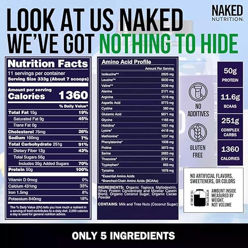 Vista 5 de Polvo de proteína natural para ganar masa muscular Naked Mass, 8 libras a granel, sin OMG, sin gluten, sin soya Sin Ingredientes Artificiales, 1250