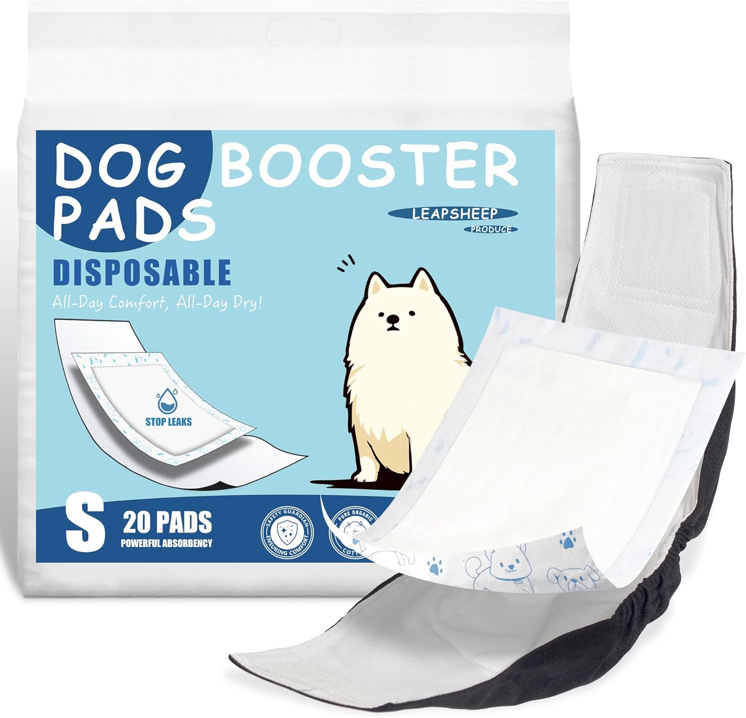 LeapSheep Dog Diaper Liners Pee Pads for Male and Female Dogs, Dog Period Pads, Super Soft Absorbtion Dog Booster Pads Fits Belly Bands, Wraps and Washable Dog Diapers Female (S, 20)