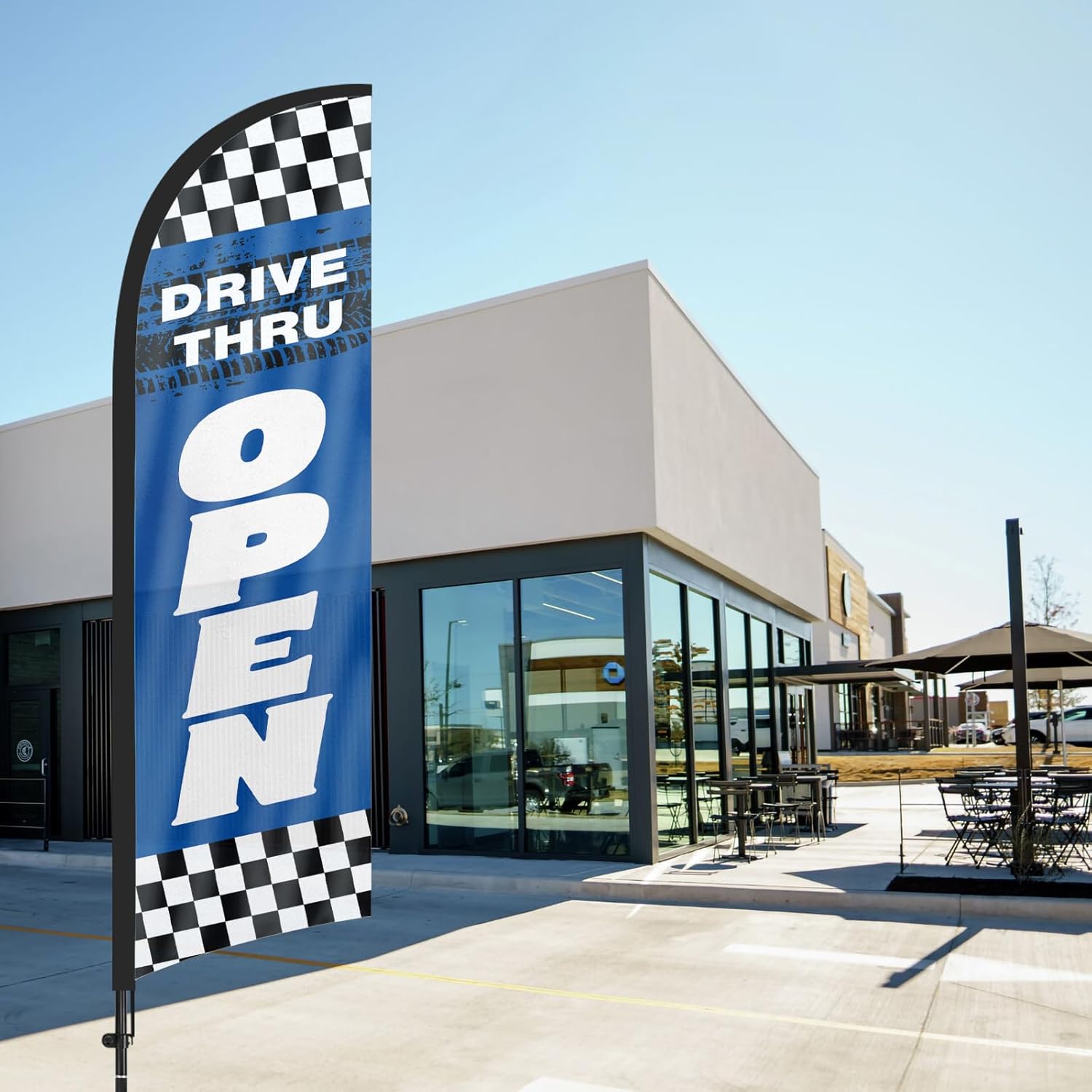 Drive Thru Open Restaurant Feather Flag Banner, 8.2ft x 1.8ft Multi-colored Swooper Flag with Pole, Ground Stake and Carry Bag for Commercial Use