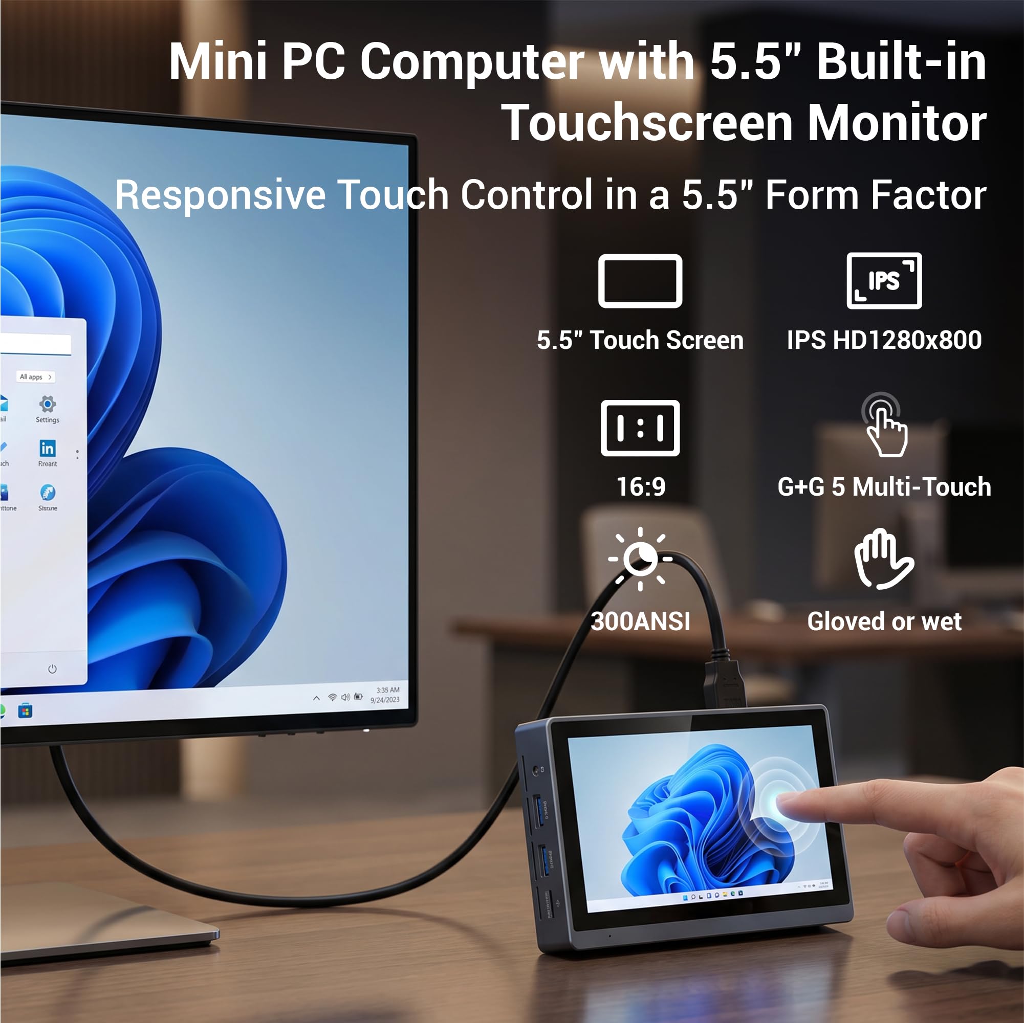 Mini PC Win 11 PRO, Celeron N5095 mini komputer z wentylatorem, 16 GB DDR4, 256 GB eMMC, mini PC z ekranem, Micro PC 4K przy 60 Hz potrójny wyświetlacz, mini komputer WiFi5 BT5.2 Gigabit