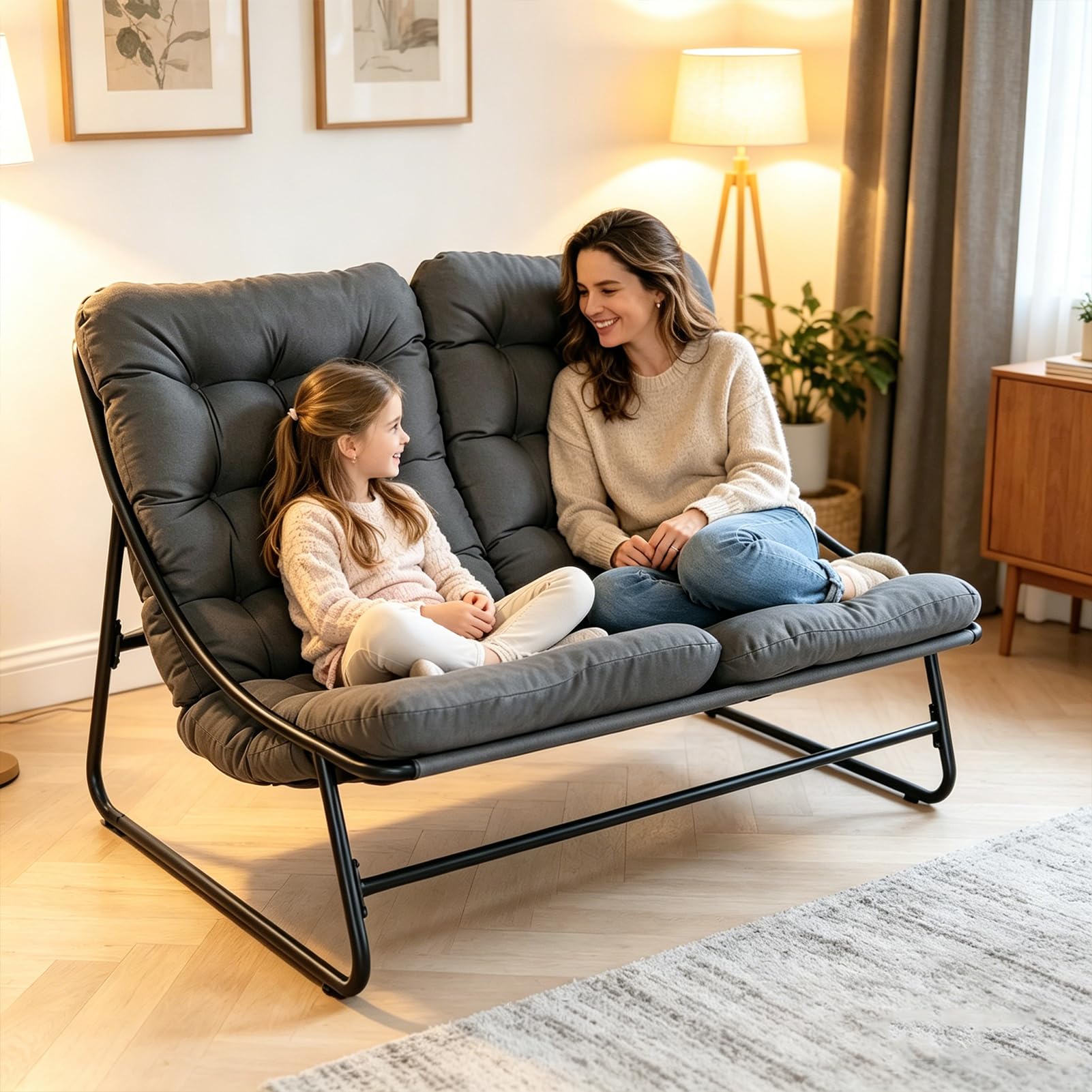 Gartenliege 2 Personen Metall, Doppelliege Outdoor 2 Personen mit Dicker Abnehmbares Gepolsterter, Belastbarkeit bis 225kg, Relaxliege für Garten, Wohnzimmer, Terrasse (Schwarz)