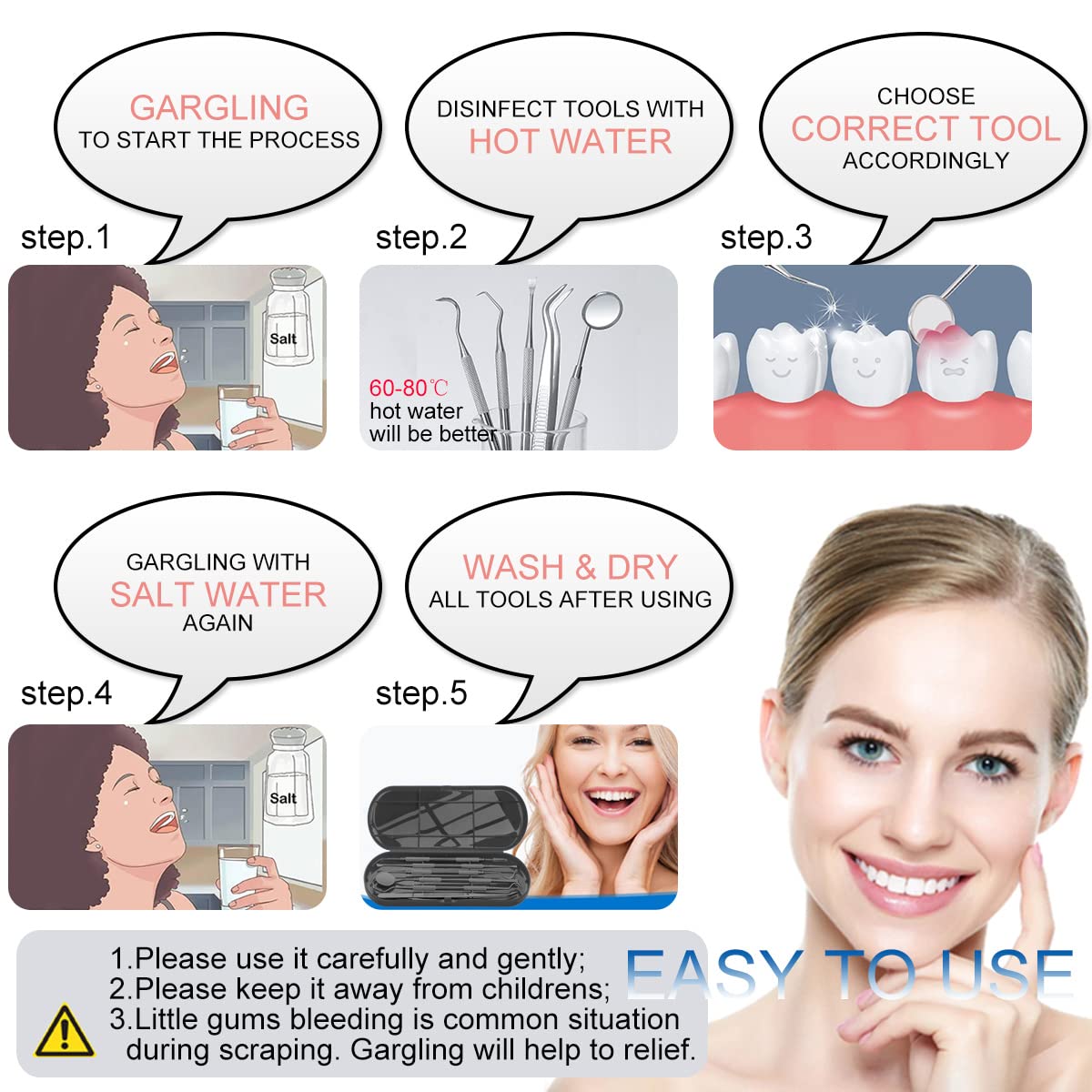 Dental Tools To Remove Plaque and Tartar, Professional Teeth Cleaning Tools, Stainless Steel Dental Hygiene Oral Care Kit with Plaque Remover, Tartar Scraper, Tooth Scaler, Dental Pick - with Case