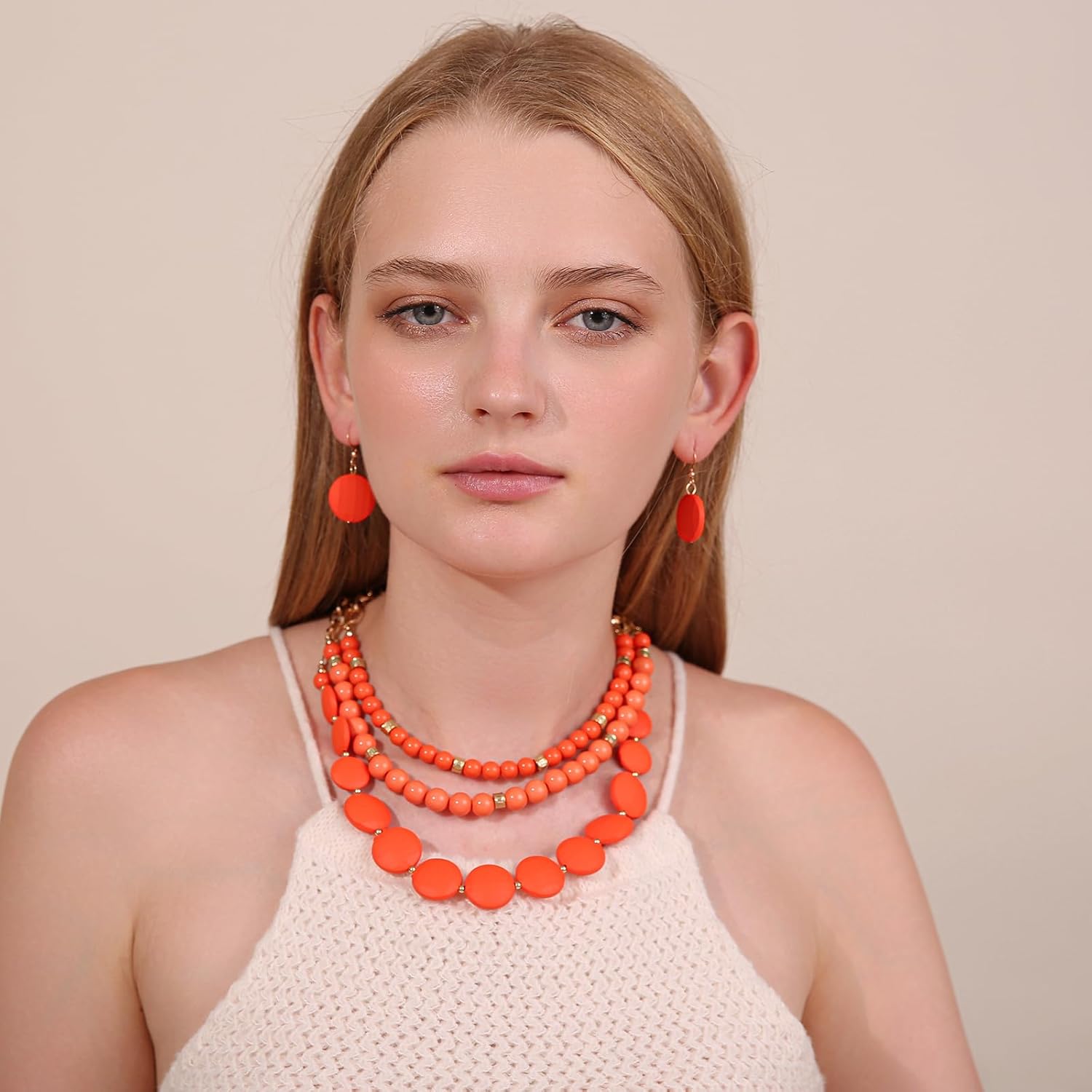 3 Multi-Strand Beads Necklace and Earrings Set, Chunky Jewelry Set Statement Beaded Necklace for Women - Image 2