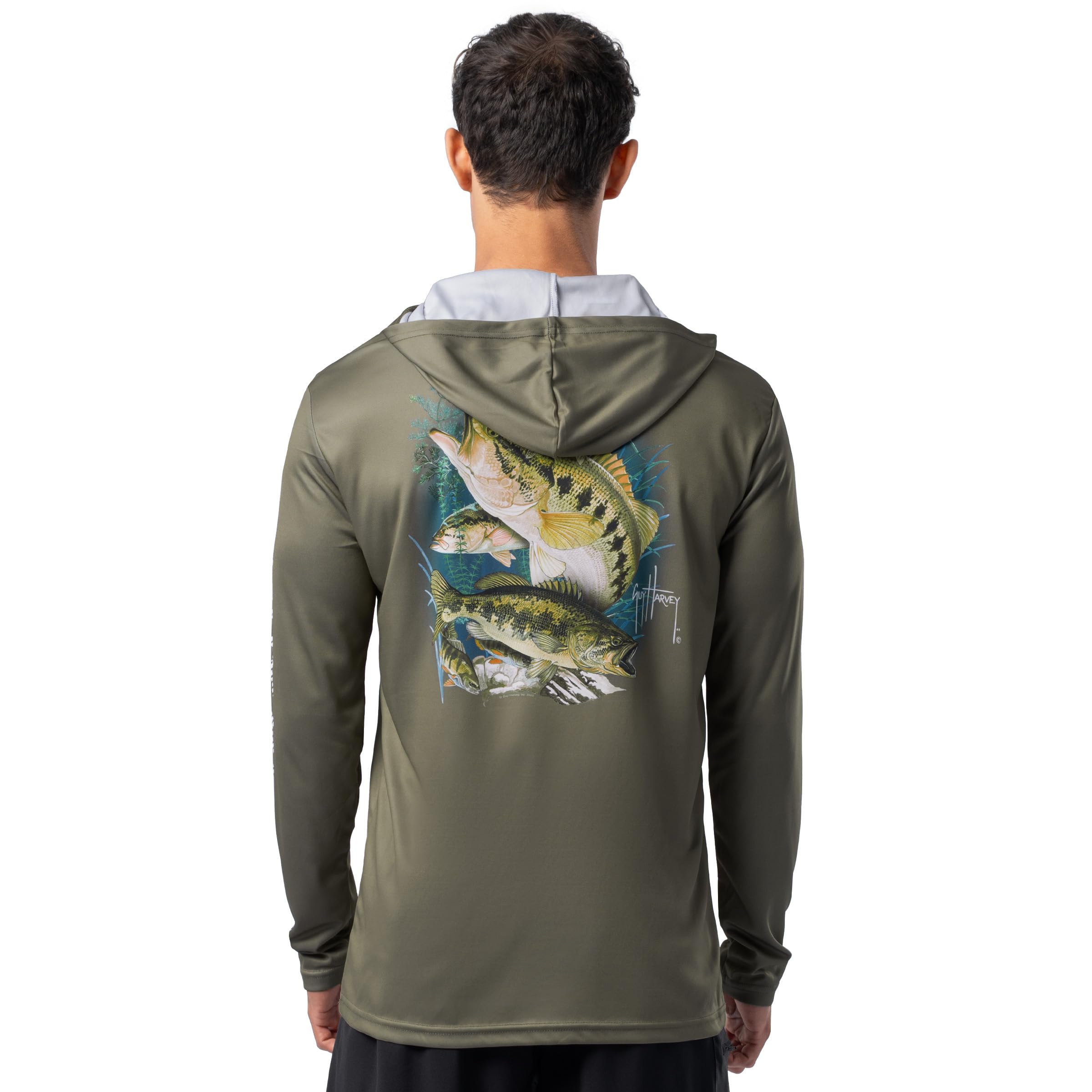 Guy Harvey Men's Performance UPF 50 Sun Protection Hooded Tee, Deep Lichen Green/Freshwater Fantasy, XL