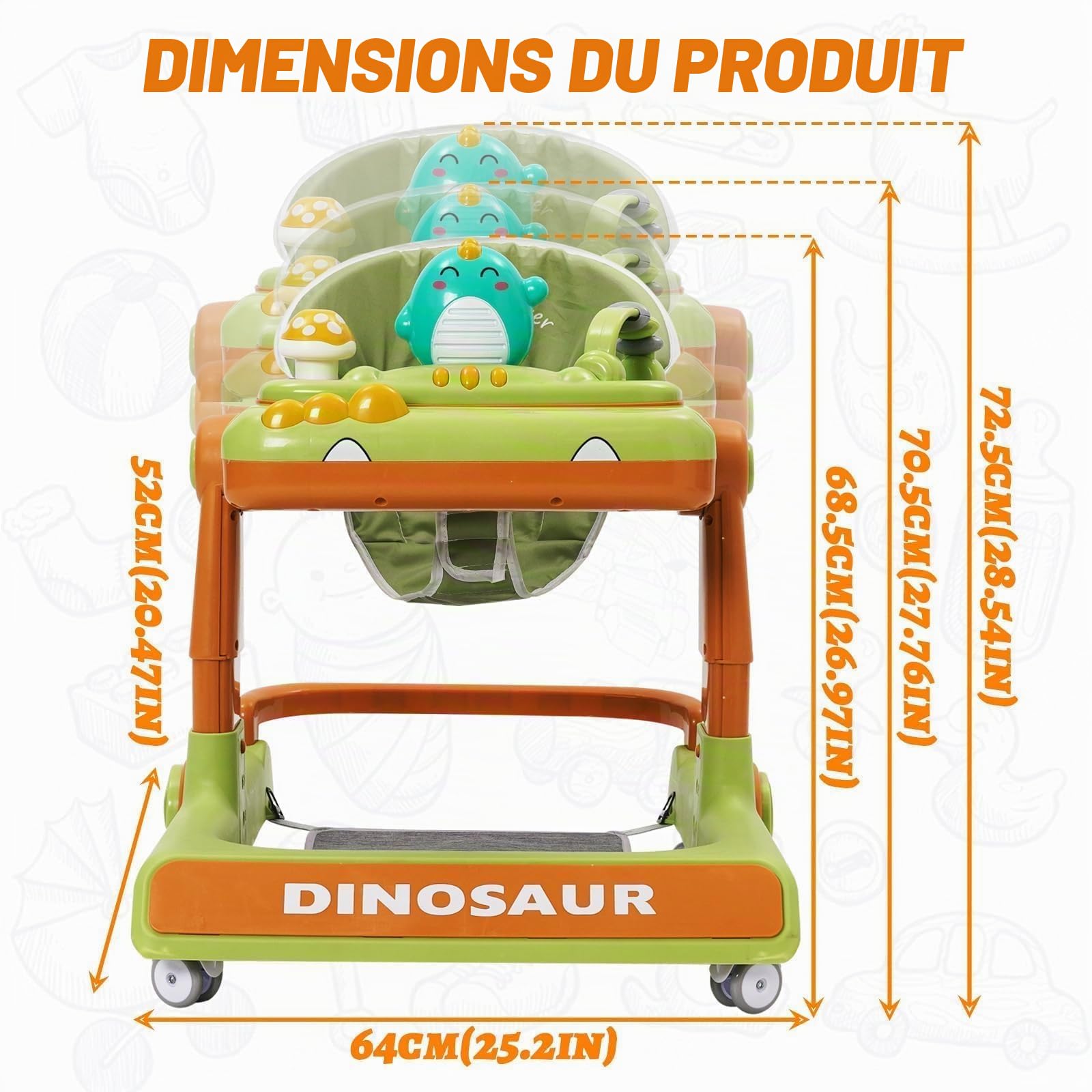 Trotteur pour Bébé Dinosaure Avec Jouets Musicaux,Repose-pieds,Hauteur Réglable,6 Roues Silencieuses À 360°,Avec Aide Au Freinage,Trotteur Adapté Aux Bébés À Partir De 0+