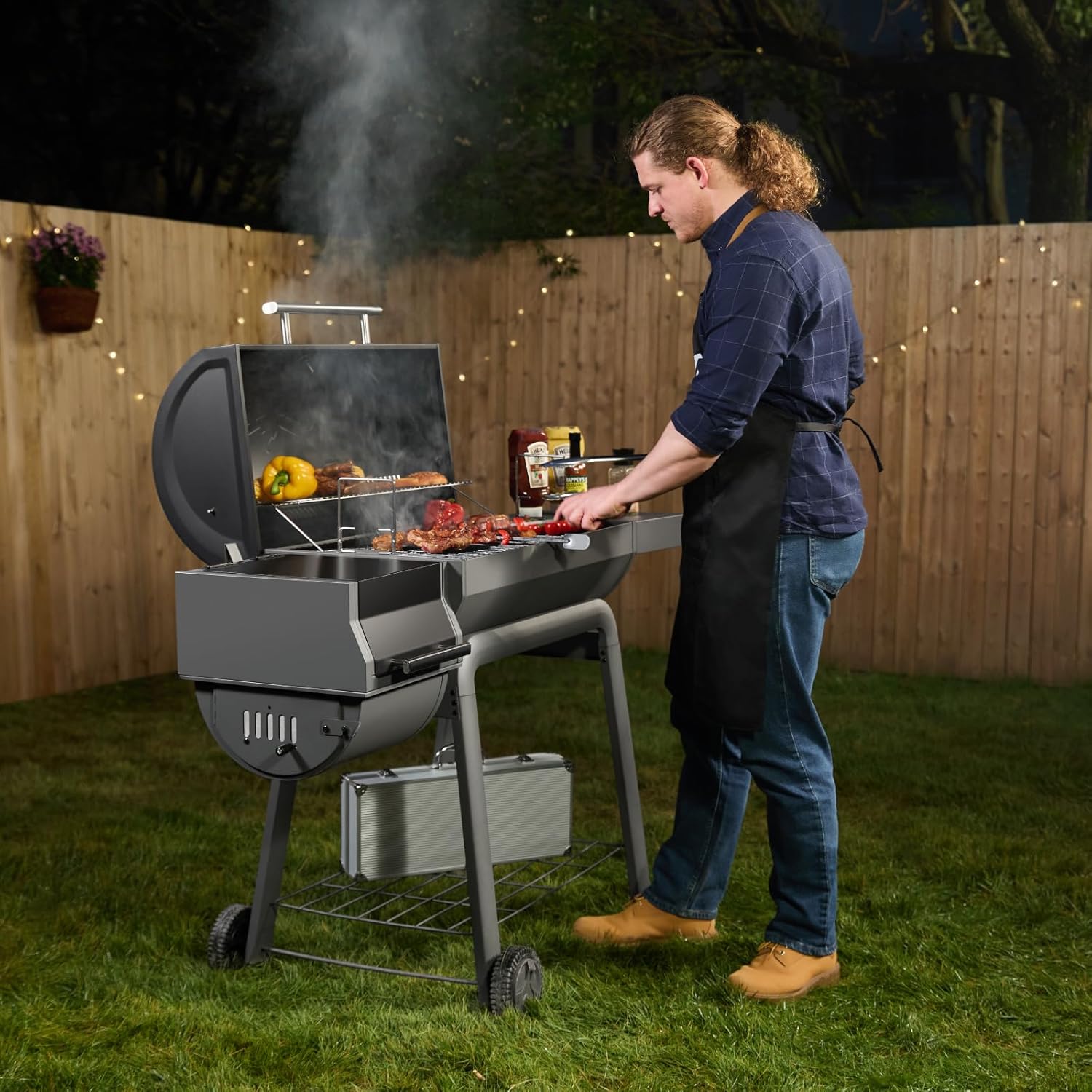 BBQ Charcoal Grill with Offset Smoker Grill and Side Table, 30-In Heavy-Duty Outdoor BBQ Grill with 815 Sq. In. Cooking Space for Outdoor Barbecue in Backyard, Patio and Parties, Black