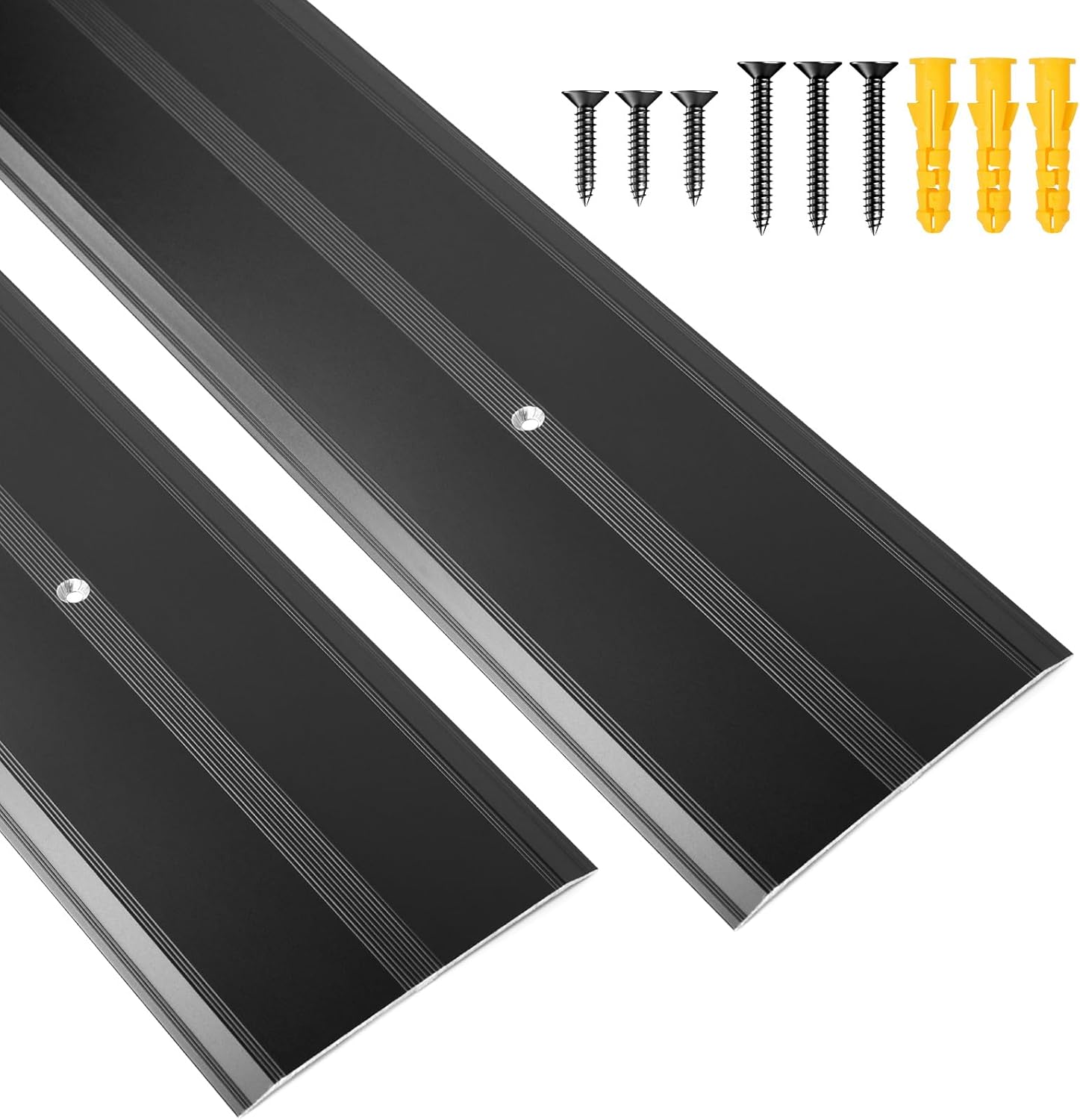 2 Pack Aluminum Floor Transition Strip, 0.1"H Flat Metal Door Threshold for Vinyl Wood Tile Carpet Concrete Flooring Gaps, Doorway Protector and Decor, Size 36"L x 4"W (Black)