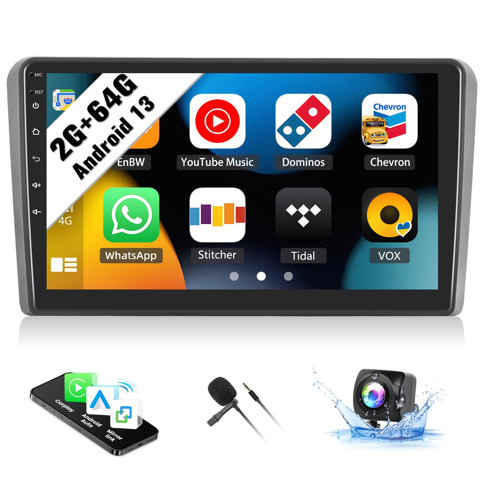 SIXWIN Android Car Stereo for Audi A3 2008-2012 with Wireless CarPlay Android Auto Mirror Link 2G+64G 9 Inch Touchscreen Bluetooth GPS Navigation WiFi FM Backup Camera MIC