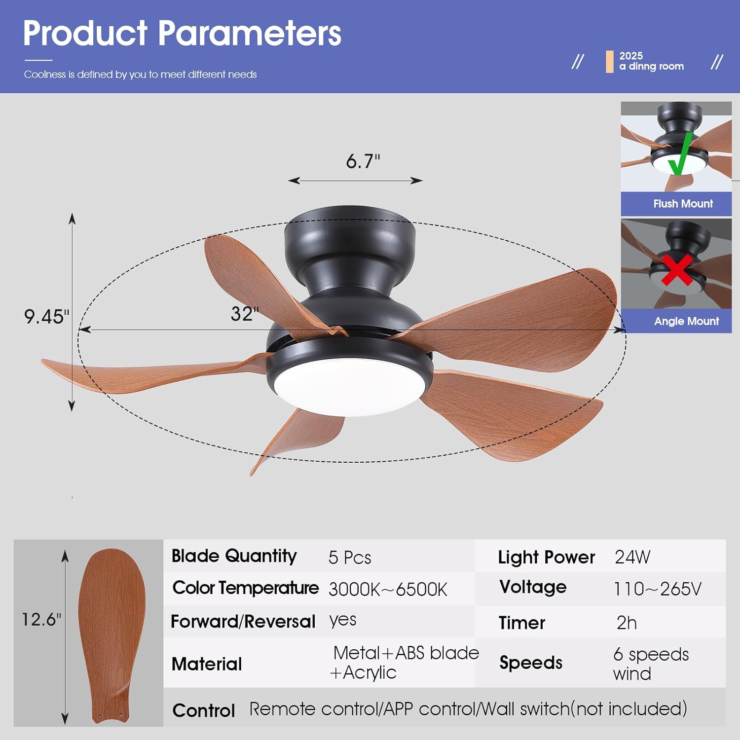 Kviflon 32 Inch Modern Ceiling Fans with Lights, Small Flush Mount Ceiling Fan with Light and Remote/APP Control, 5 Reversible 6 Speeds Curved Blades, 3 CCT Dimmable Lights for Kids Room, Brown