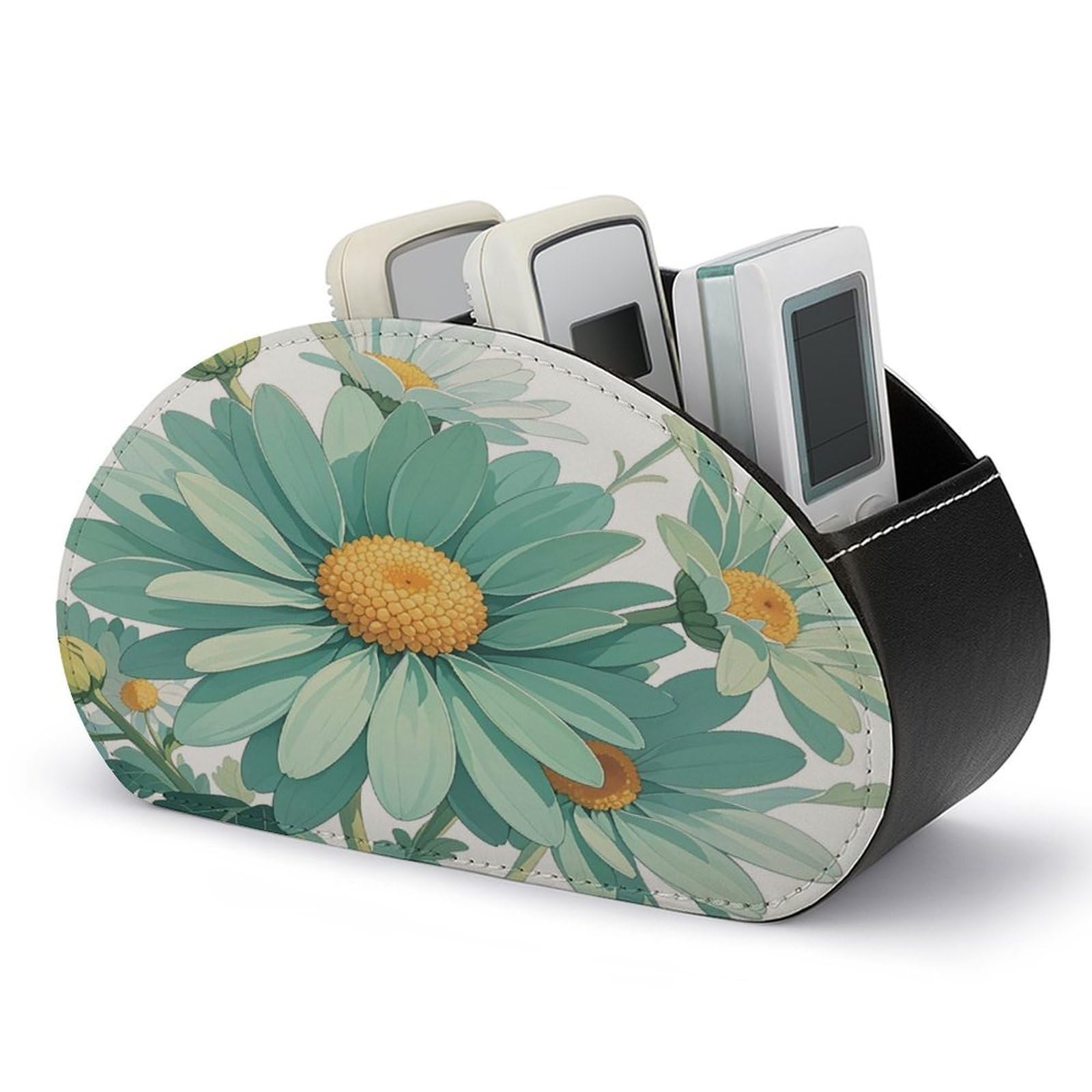 FekiLoot Leather TV Remote Control Holder with 5 Compartments Multifunctional TV Remote Holder Bedside Table Remote Caddy Storage Box Mint Green Watercolor Daisy Remote Organizer for Home Office