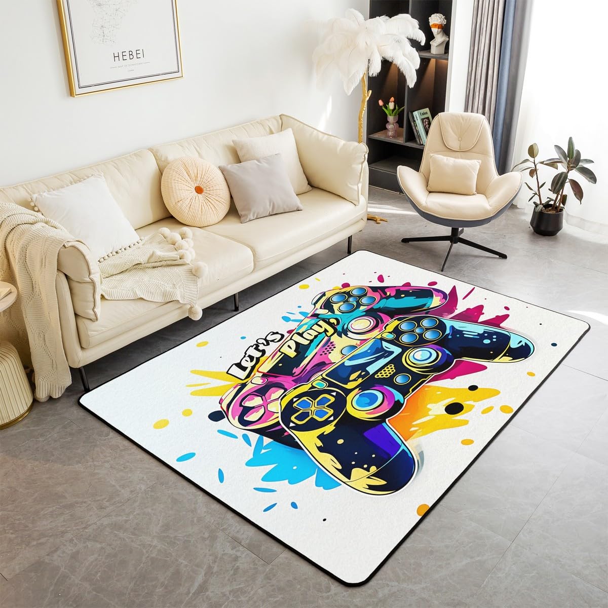 Loussiesd Dywan do salonu dla graczy, 150 x 200 cm, gamingowy dywan akcentujący dla chłopców, dziewcząt, nastolatków, nowoczesny kontroler konsoli do gier, wewnętrzna mata podłogowa, joystick, surowa
