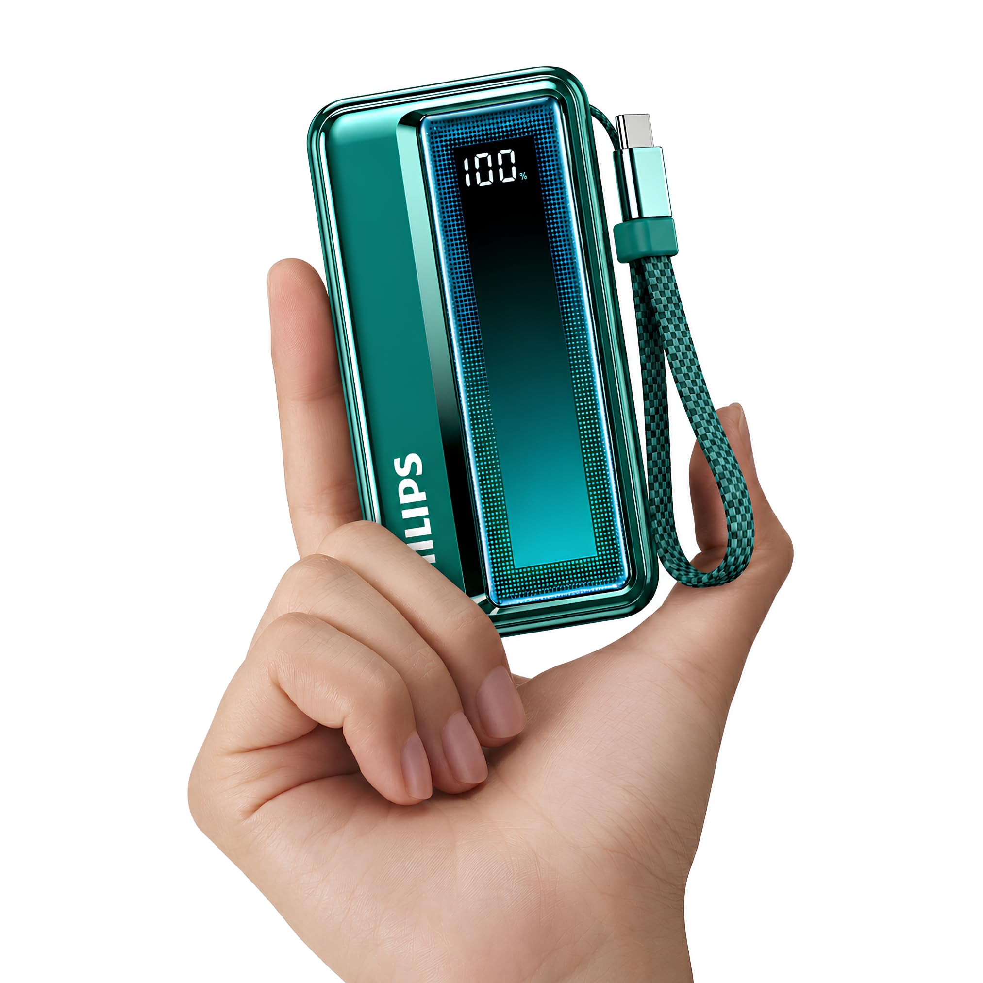 Philips DLP2721NC/94 20000mAh 45W Fast Charging Power Bank with Built-in Type-C Cable (Chrystal Teal) | Digital LED Display | Lithium Polymer | 2 Type-C & USB-A | Pocket Size | Travel-Friendly