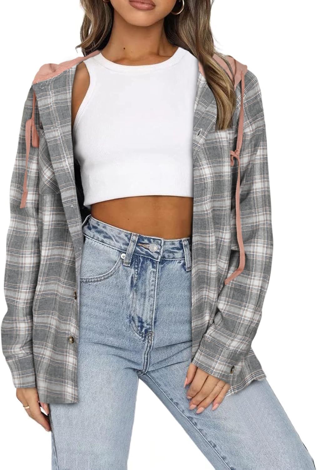 Women Plaid Hooded Shirt Drawstring Flannel Sweatshirt Hoodie Jacket Casual Button Down Blouse Tops with Pocket - Image 3