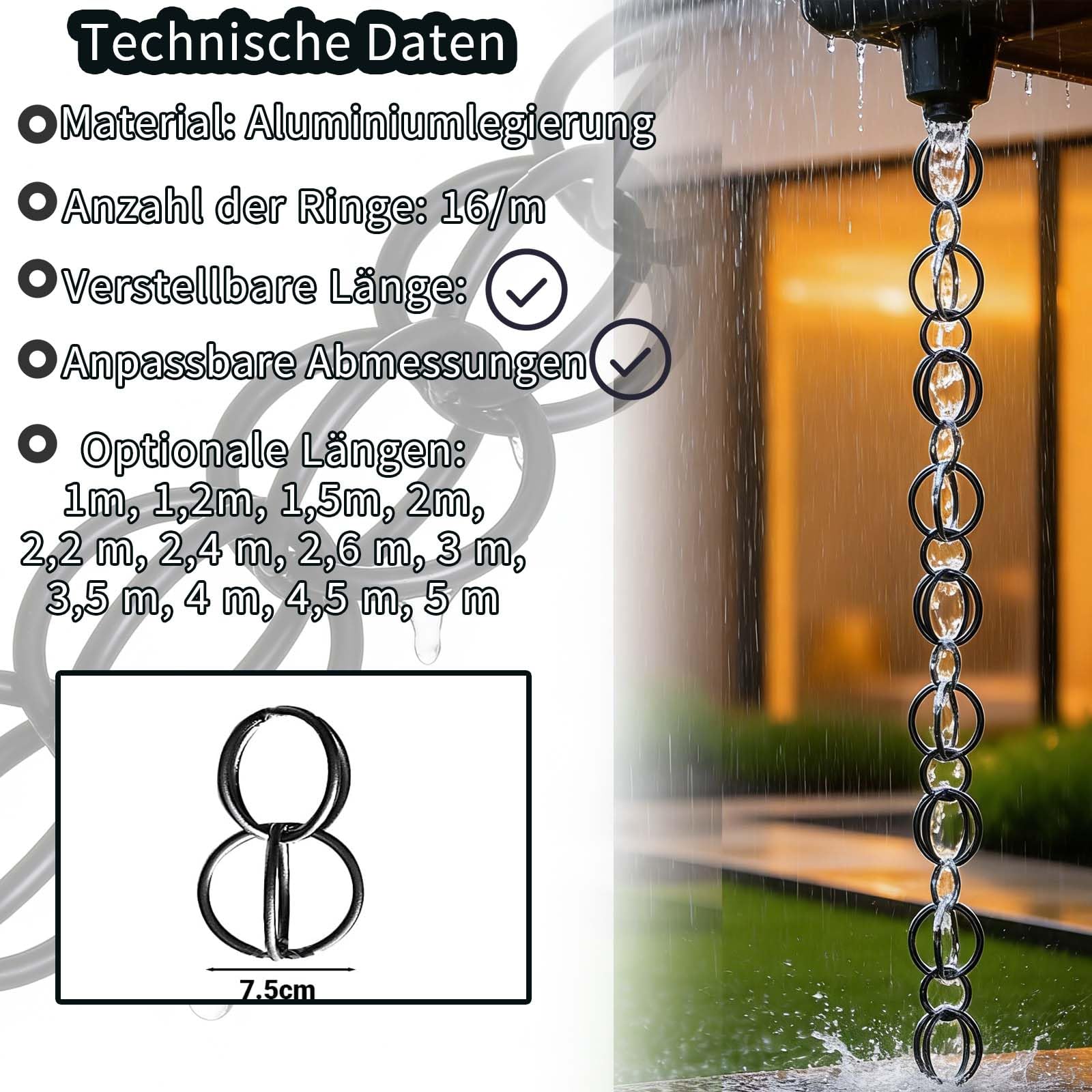Hängende Regenkette Umlenker-Fangkettem,Dachrinnendekoration Zum Ableiten Von Wasserfür Den Regenfänger,Schwarzes,Pulverbeschichtetes Aluminium,Rostfrei, Leicht Montierbar,