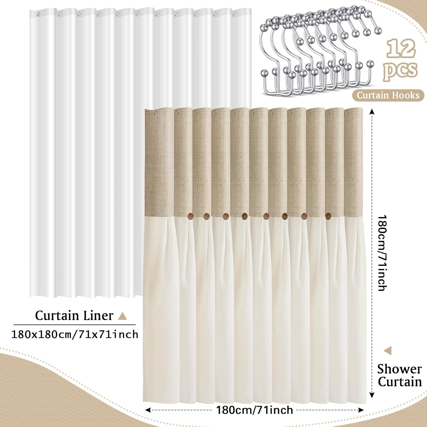 3 in 1 Farmhouse Boho Button Shower Curtain and Clear Curtain Liner Set with 12 Double Rings Linen and Cotton Woven Fabric Rustic Decor for Bathroom, 70''x70''(Flaxen, Cream Color)