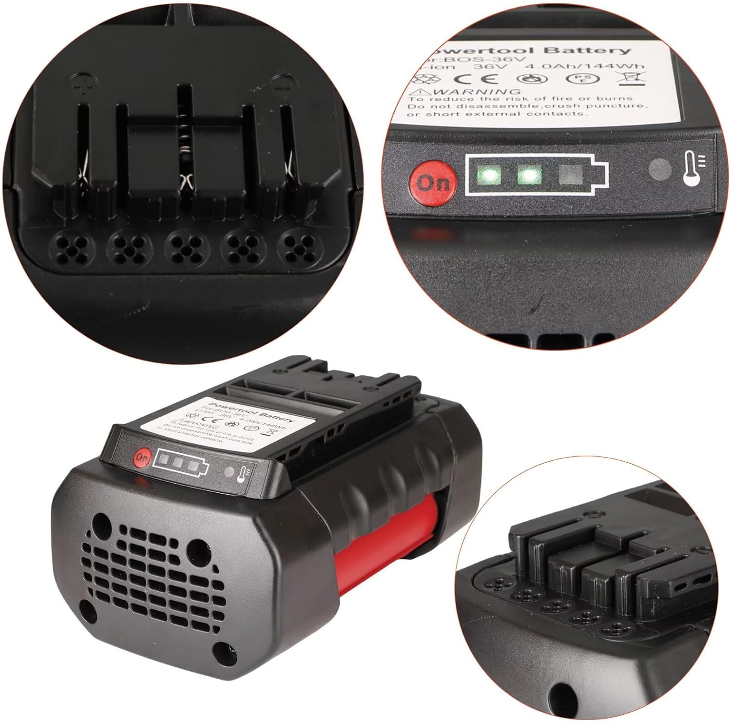 Close-up of TAURUSKING 36V battery charge indicator and contacts