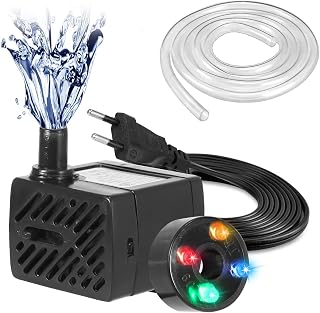 Fountain Pump with LED Lights Quiet Fountain Pump, Adjustable Water flow Fountain Pump，54GPH(200L/H，3W）, Outdoor Pond, Aquarium fish tanks, Home Décor Fountain,1 Nozzles，Power Cord 5ft