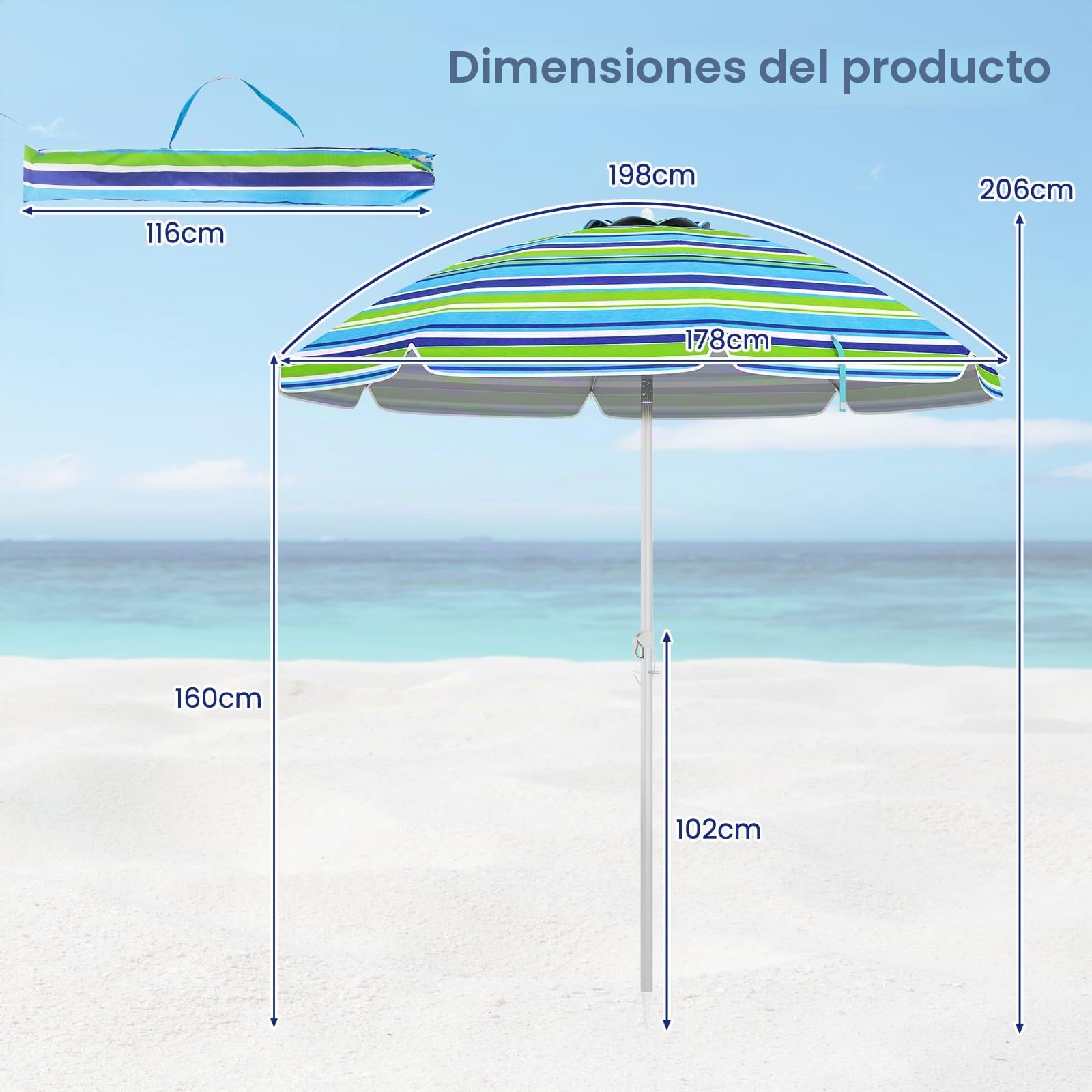 KOMFOTTEU Sombrilla Inclinable Ø 200 cm de Playa, Parasol de Jardín con Protección UV, Paraguas Plegable con Anclaje y Bolsa de Transporte, Sombrilla para Patio, Balcón, Piscina