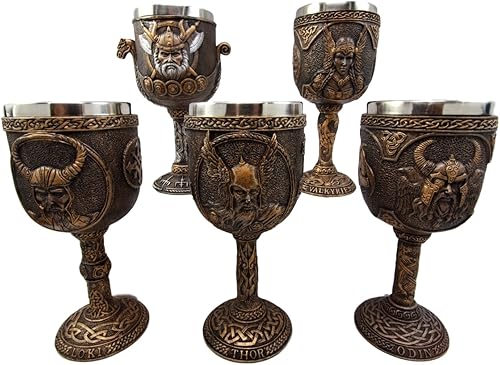 Miniatura 4 de Atlantic Collectibles Mitología nórdica Deidades vikingas Odin Loki Thor Valkyrie Battle Longship 7oz resina copa de vino cáliz juego de 5 con forro
