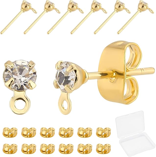 Beebeecraft 1 Box 40Pcs 18K Real Gold Plated Stud Earrings Round Cubic Zirconia Stud Earring Findings with Loop for Women Girl Jewelry Making DIY Crafts