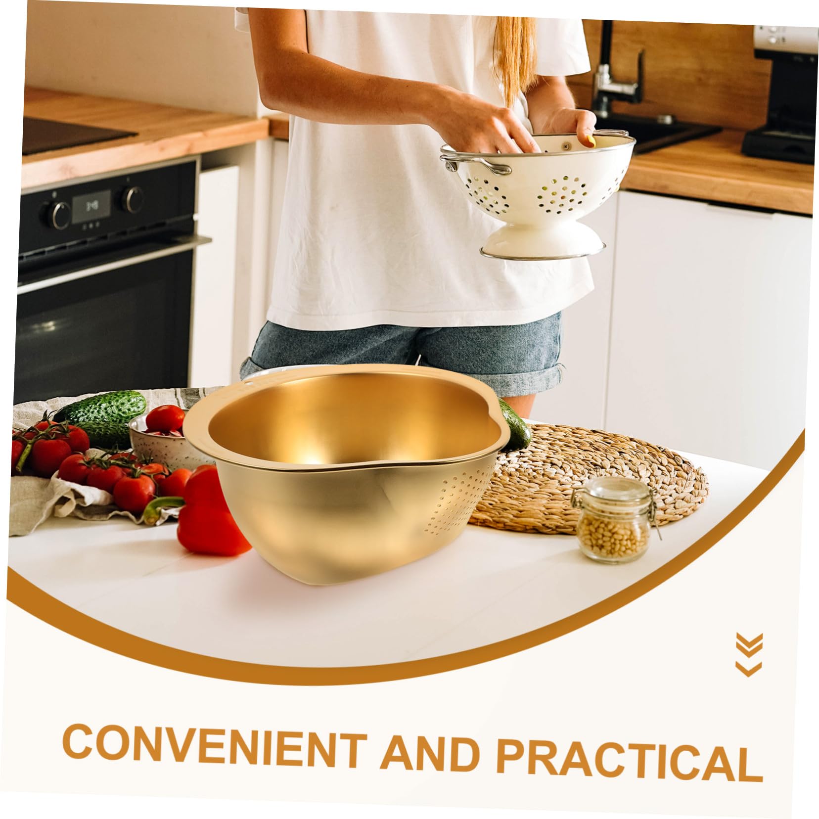 TOYANDONA Colador Multi-funcional y Elegante de Acero Inoxidable Dorado para Lavar Arroz Práctico Recipiente para Escurrir para Cocina Diaria
